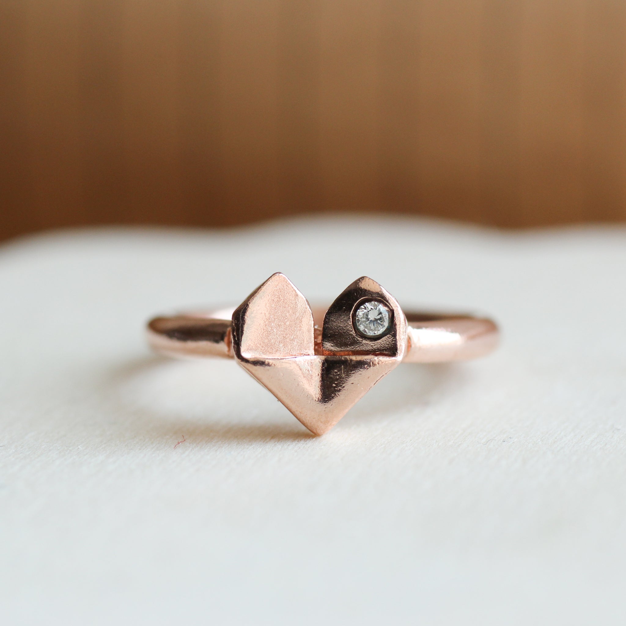 Rose Gold Plated 925 Silver Origami Heart Diamond Ring Green Rivor