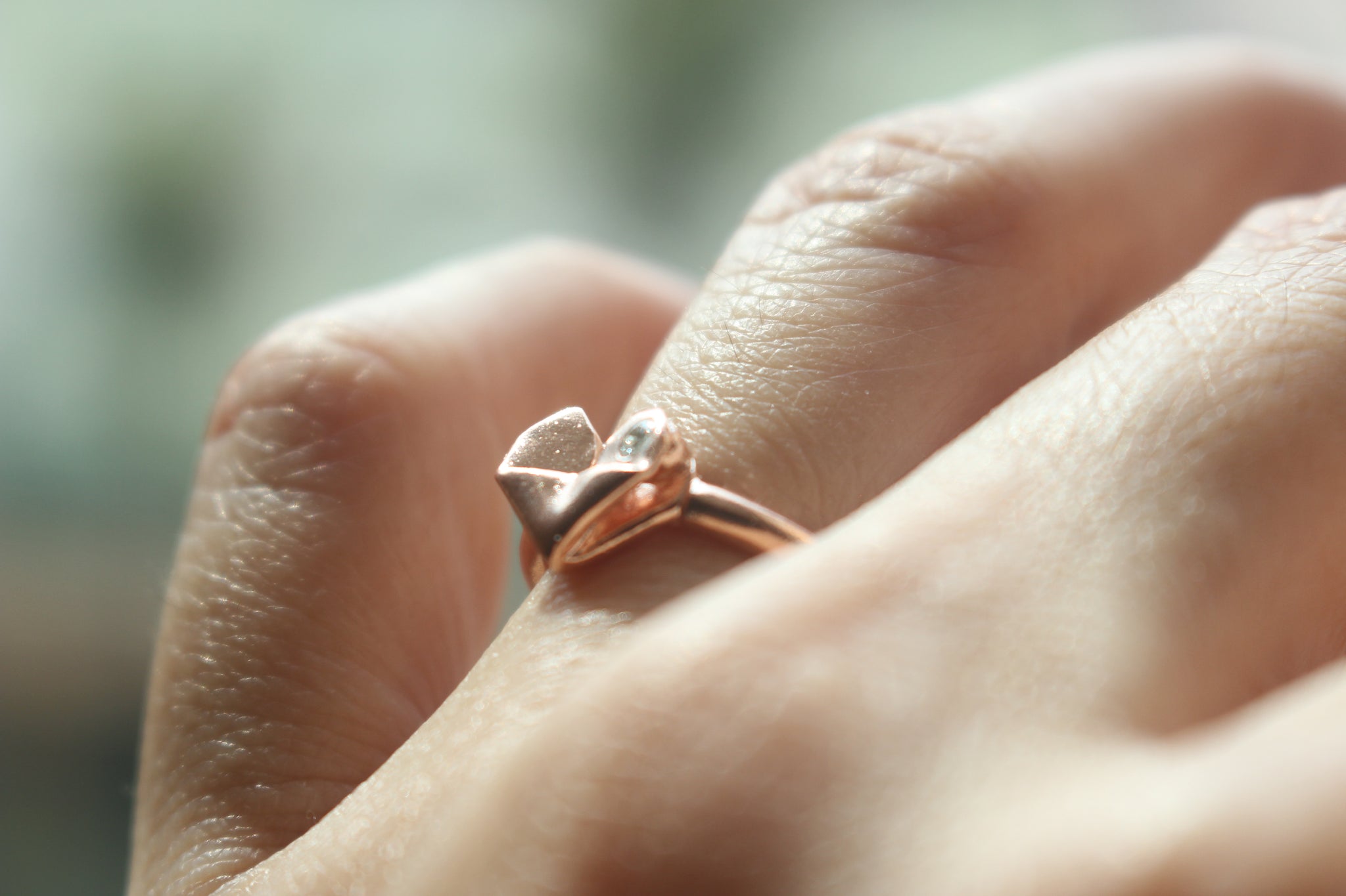 Rose Gold Plated 925 Silver Origami Heart Diamond Ring