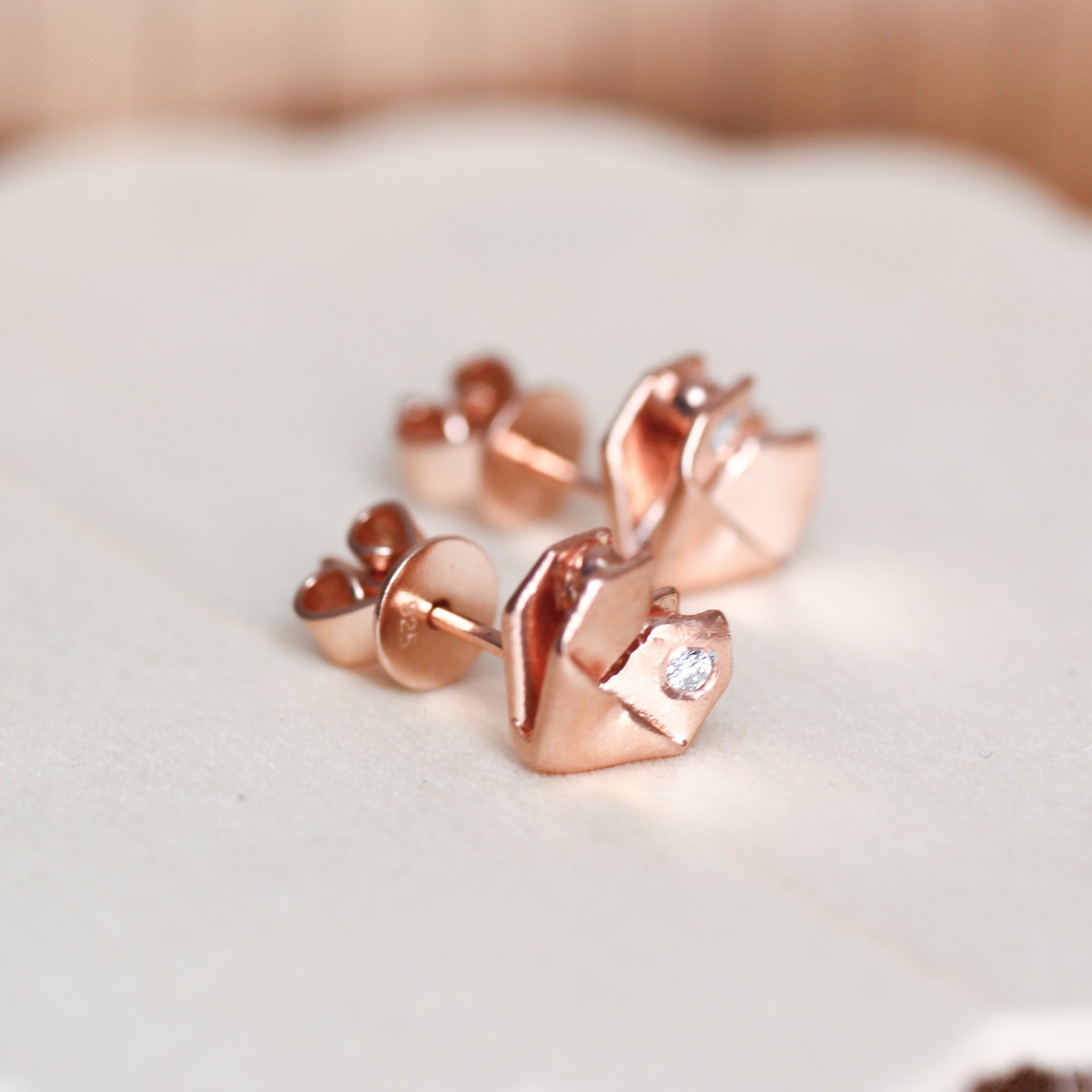 Rose Gold Plated 925 Silver Origami Heart Diamond Earrings