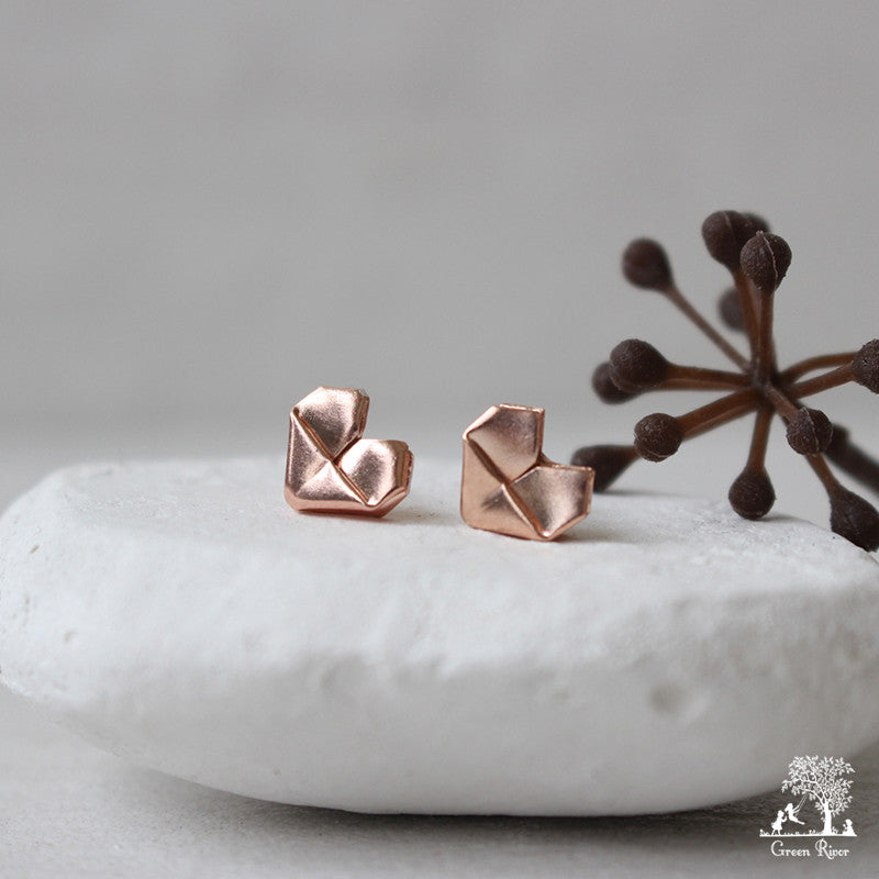 Rose Gold Plated Silver Origami Heart Stud Earrings (Medium Size)
