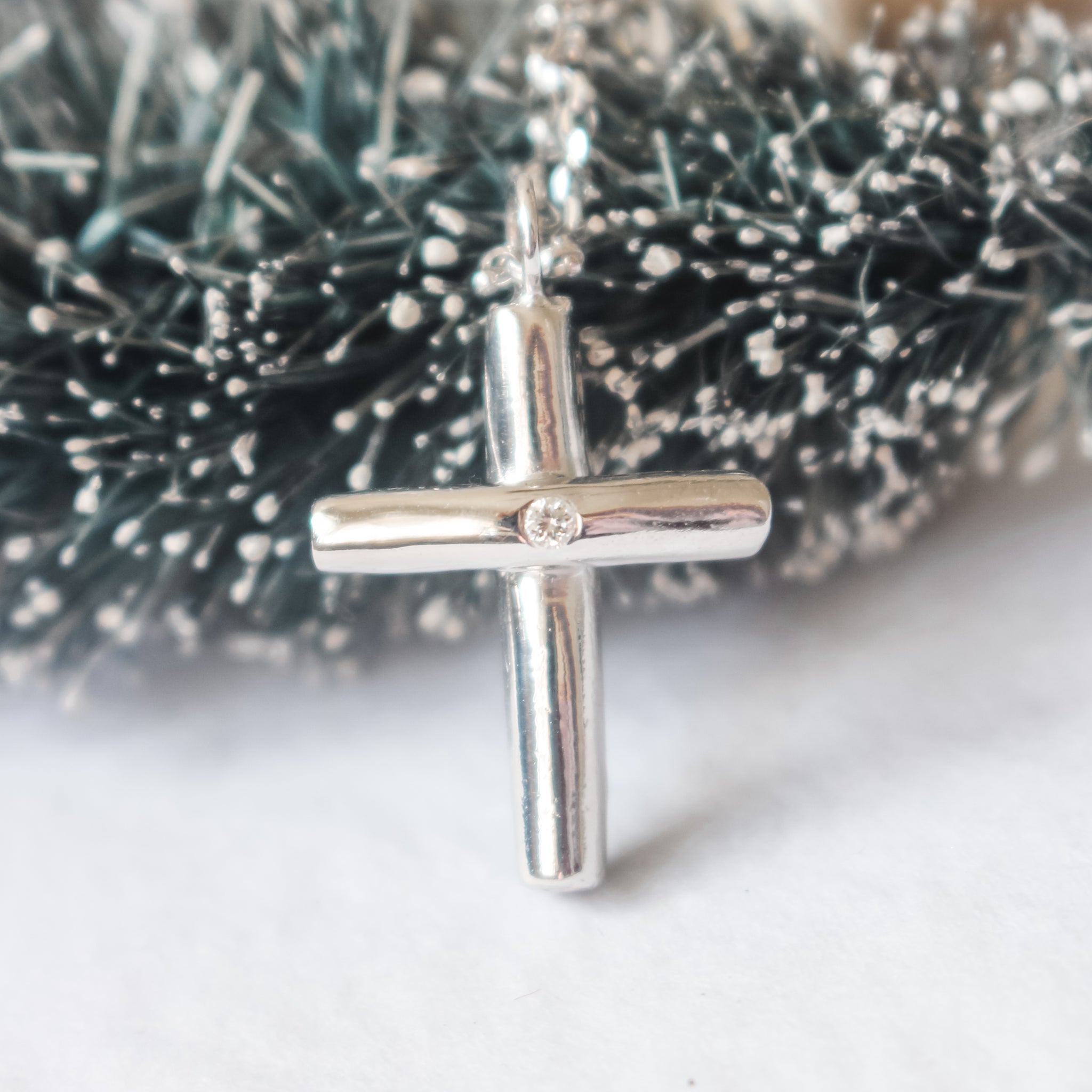 Sterling Silver Diamond Cross Necklace (Small) Plain or Engraved