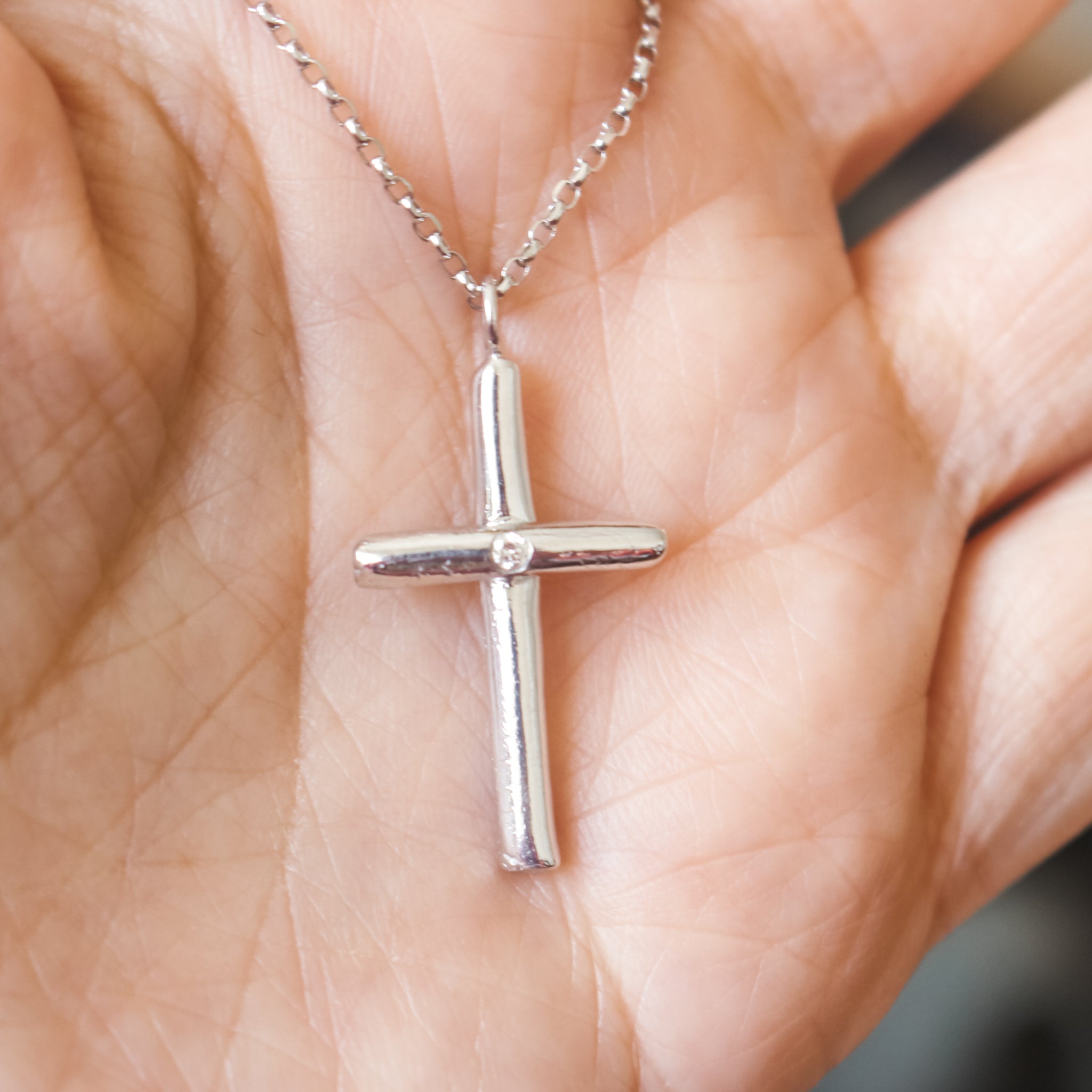 Sterling Silver Diamond Cross Necklace Big Plain or Engraved
