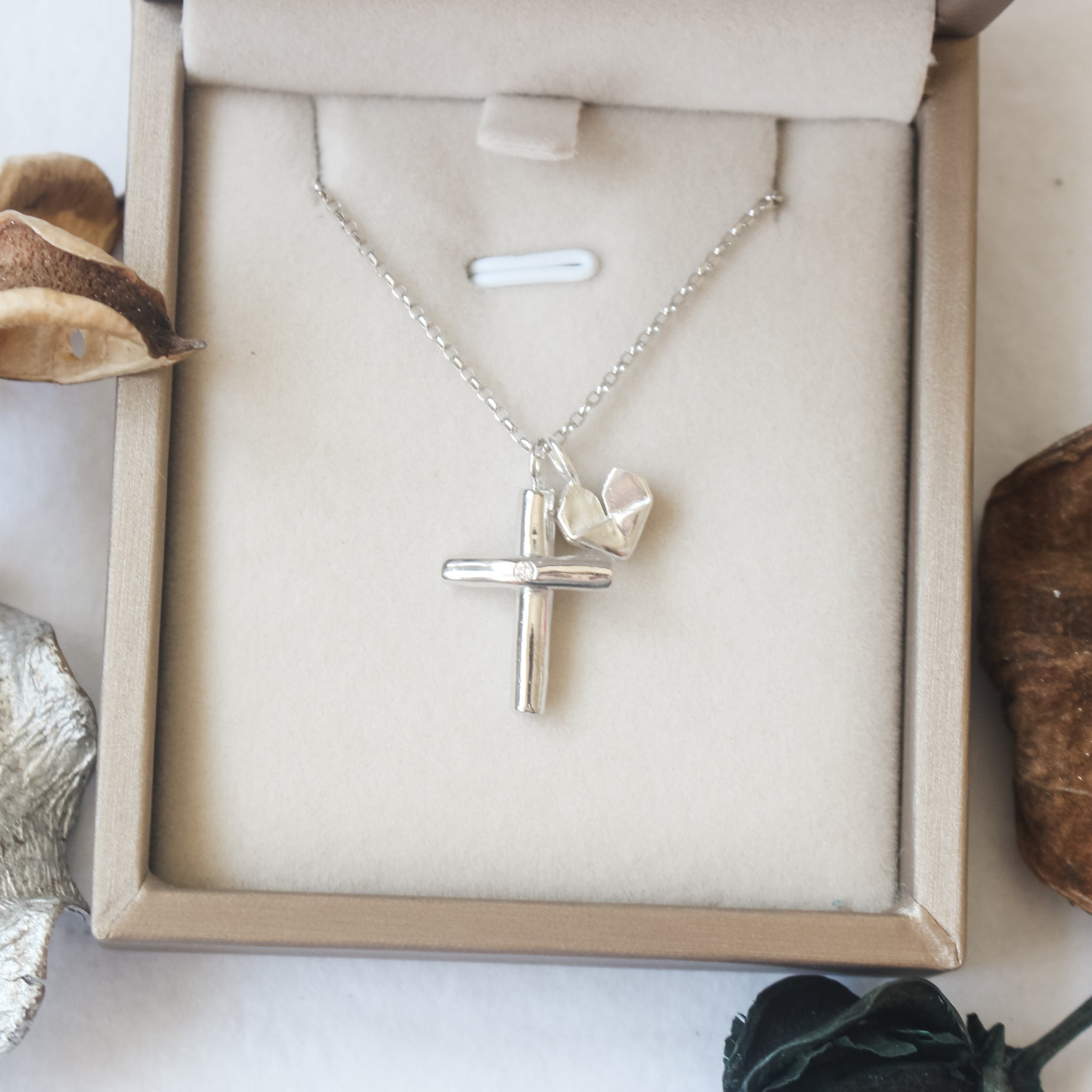 Cross with Heart - Sterling Silver Diamond Cross Necklace (Small) Plain or Engraved with Silver Origami Heart