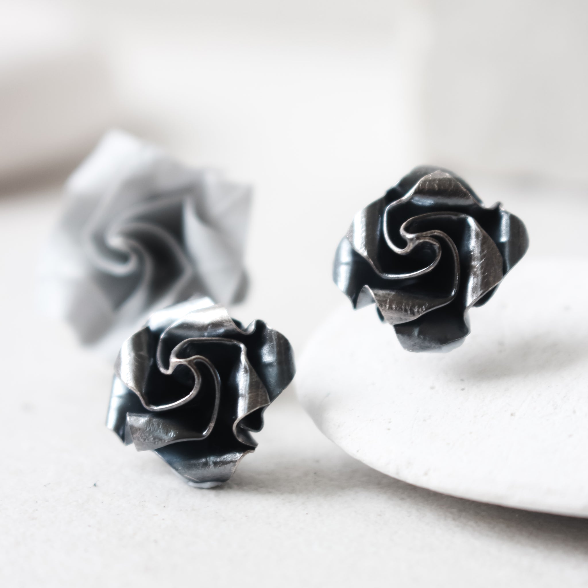 Black Origami Rose Earrings / Paper Rose Stud / Black Rose Earrings