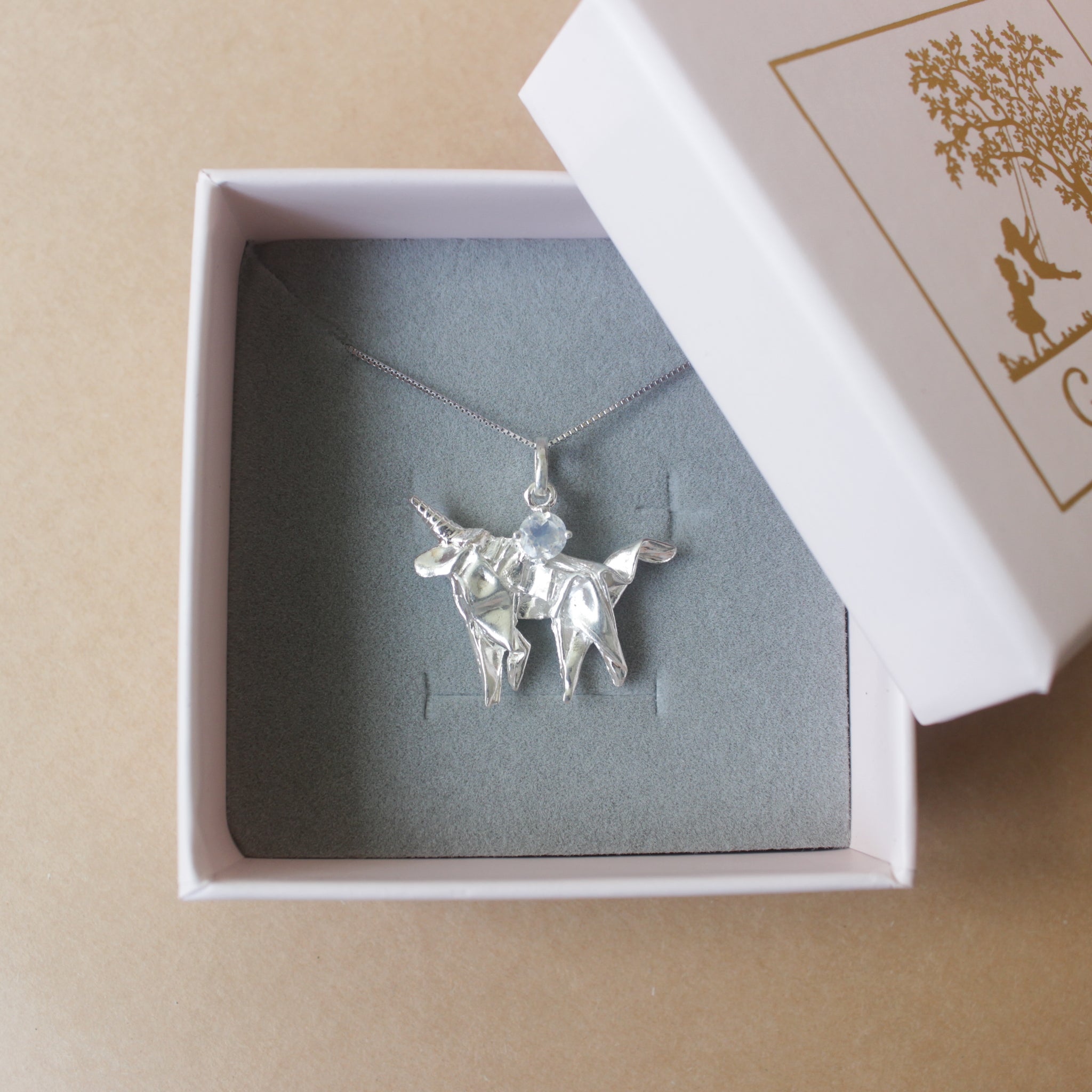 Silver Origami Unicorn Merry-go-round Necklace with Moonstone