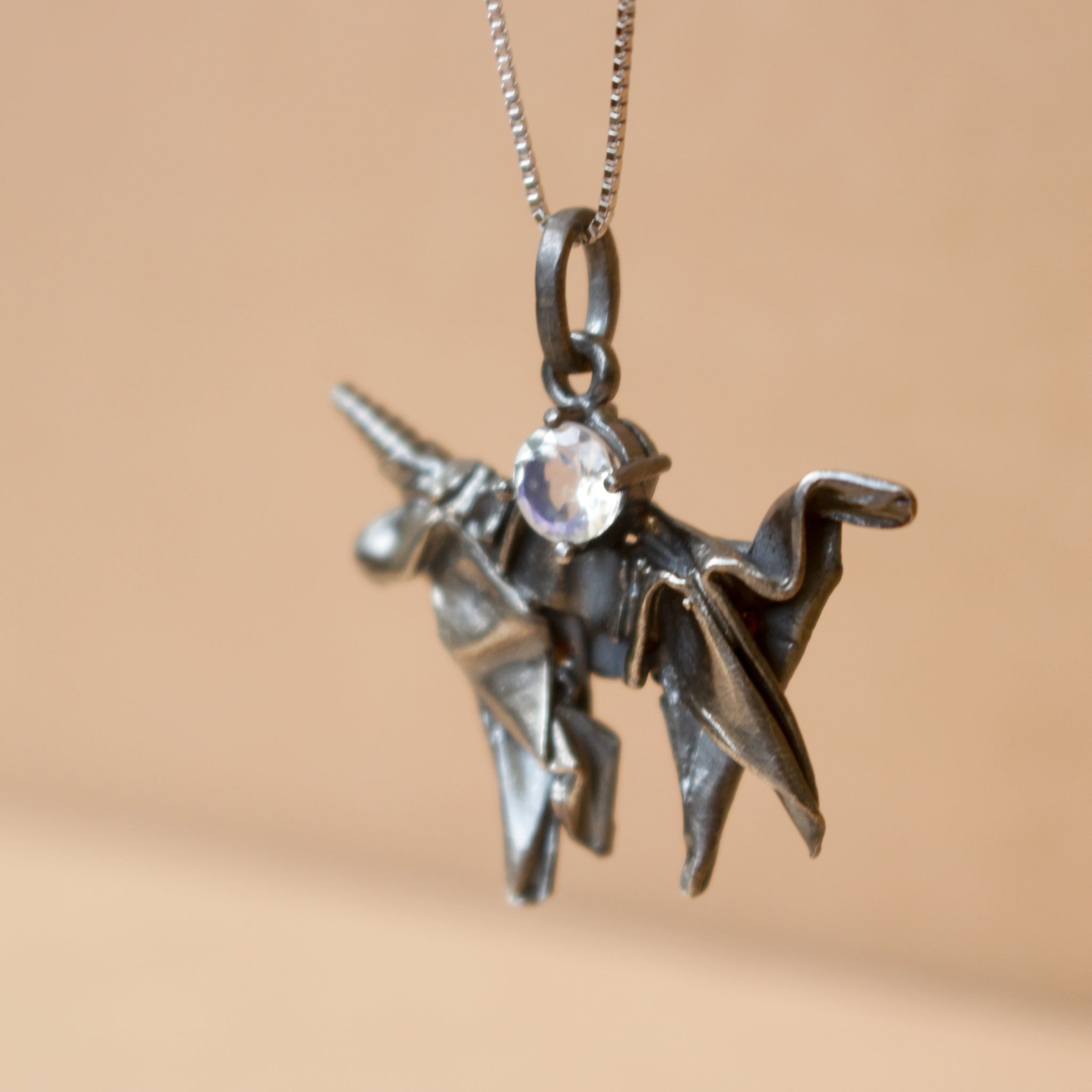 Black Silver Origami Unicorn Merry-go-round Necklace with Moonstone