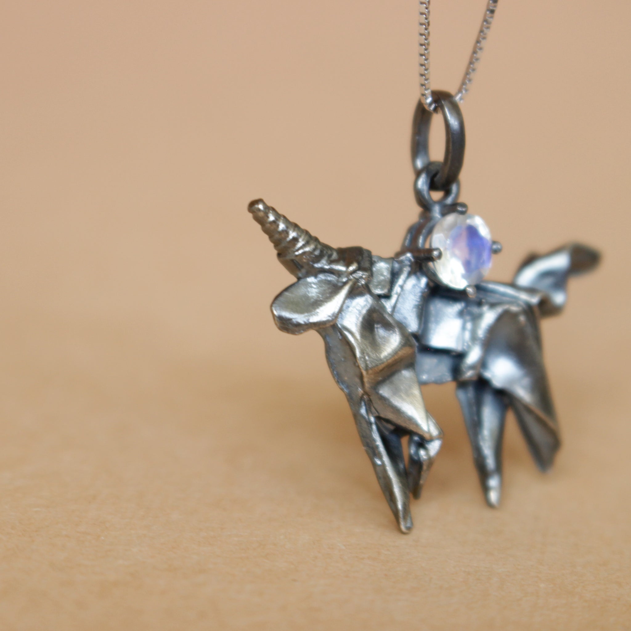 Black Silver Origami Unicorn Merry-go-round Necklace with Moonstone