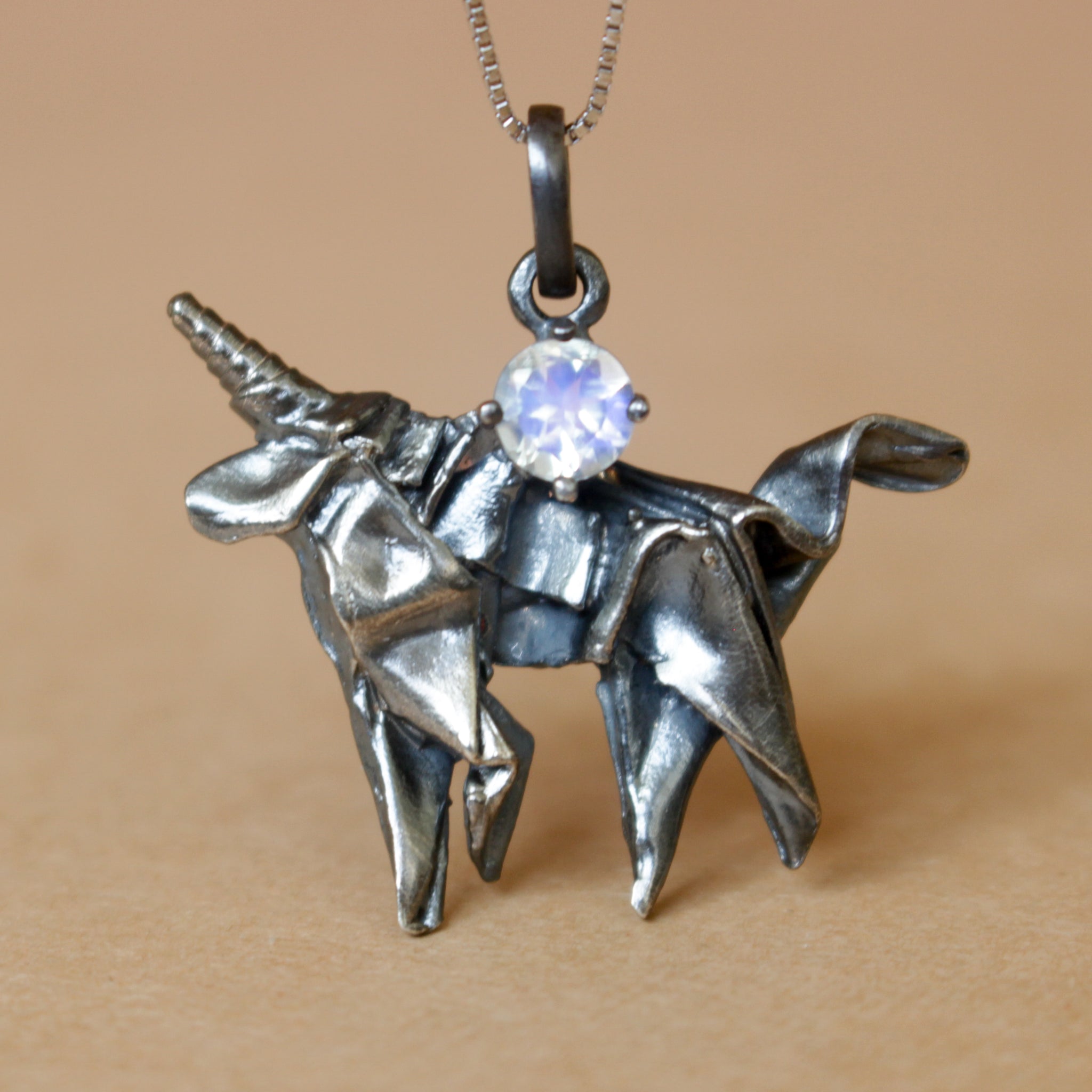 Black Silver Origami Unicorn Merry-go-round Necklace with Moonstone