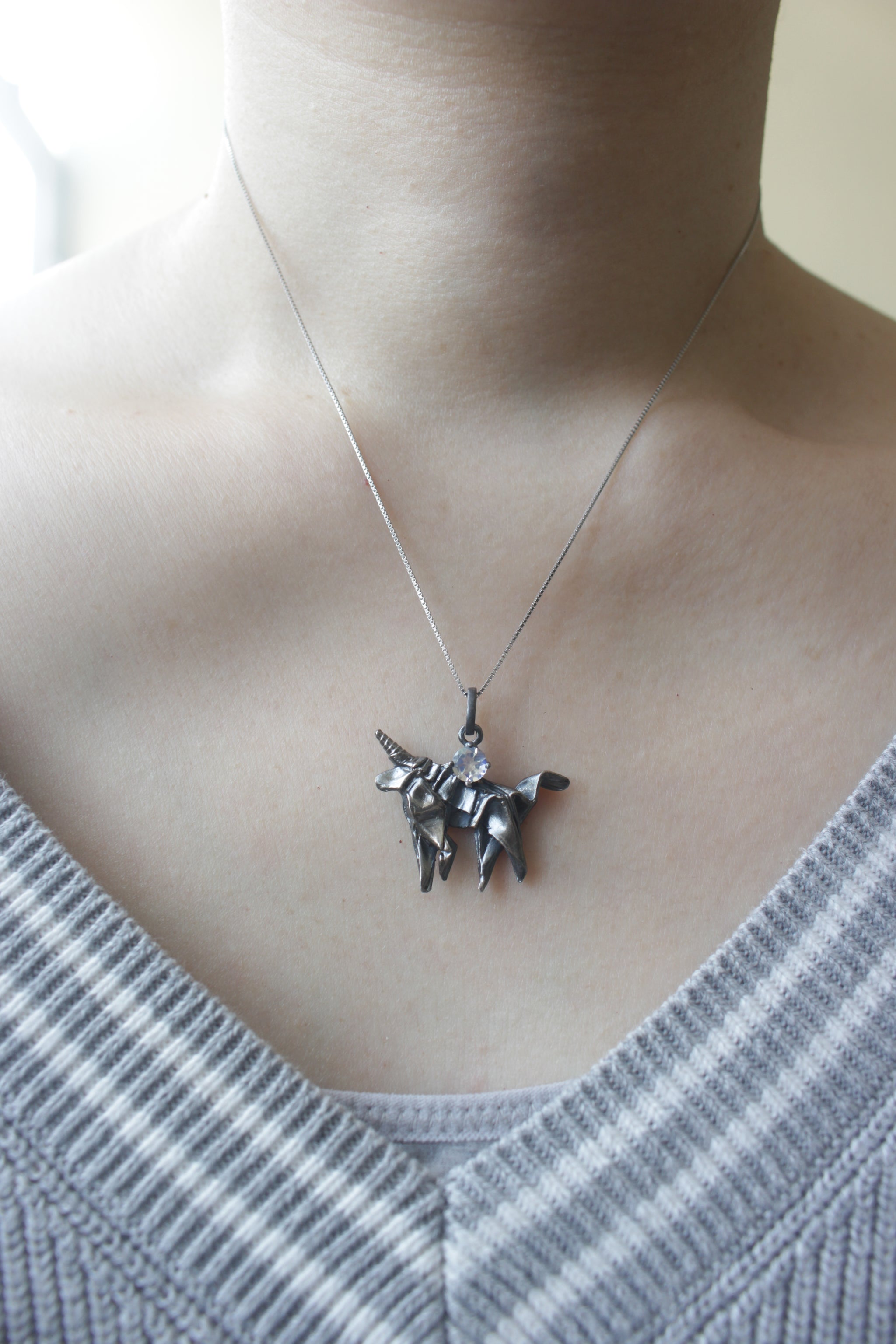 Black Silver Origami Unicorn Merry-go-round Necklace with Moonstone