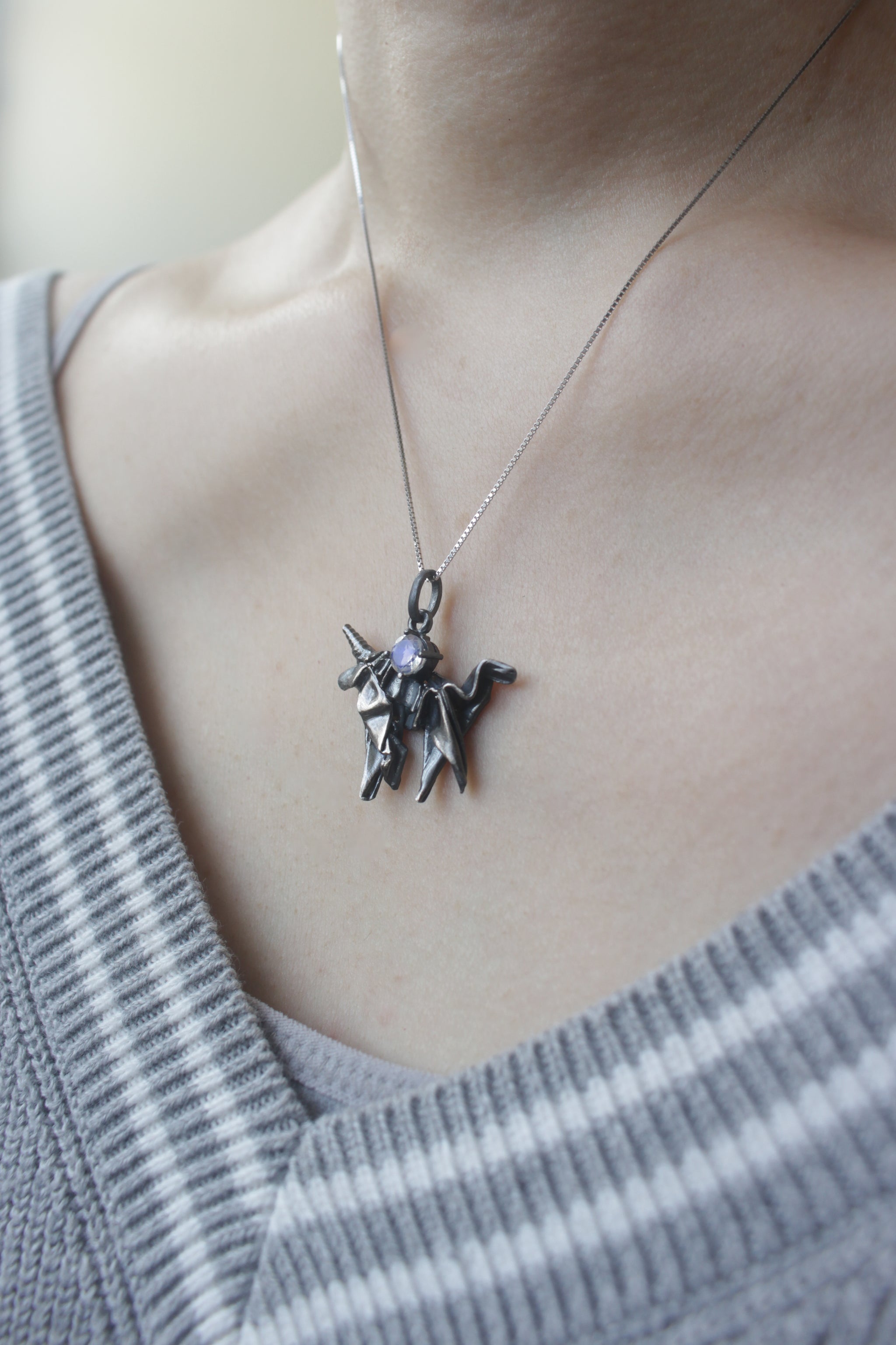 Black Silver Origami Unicorn Merry-go-round Necklace with Moonstone