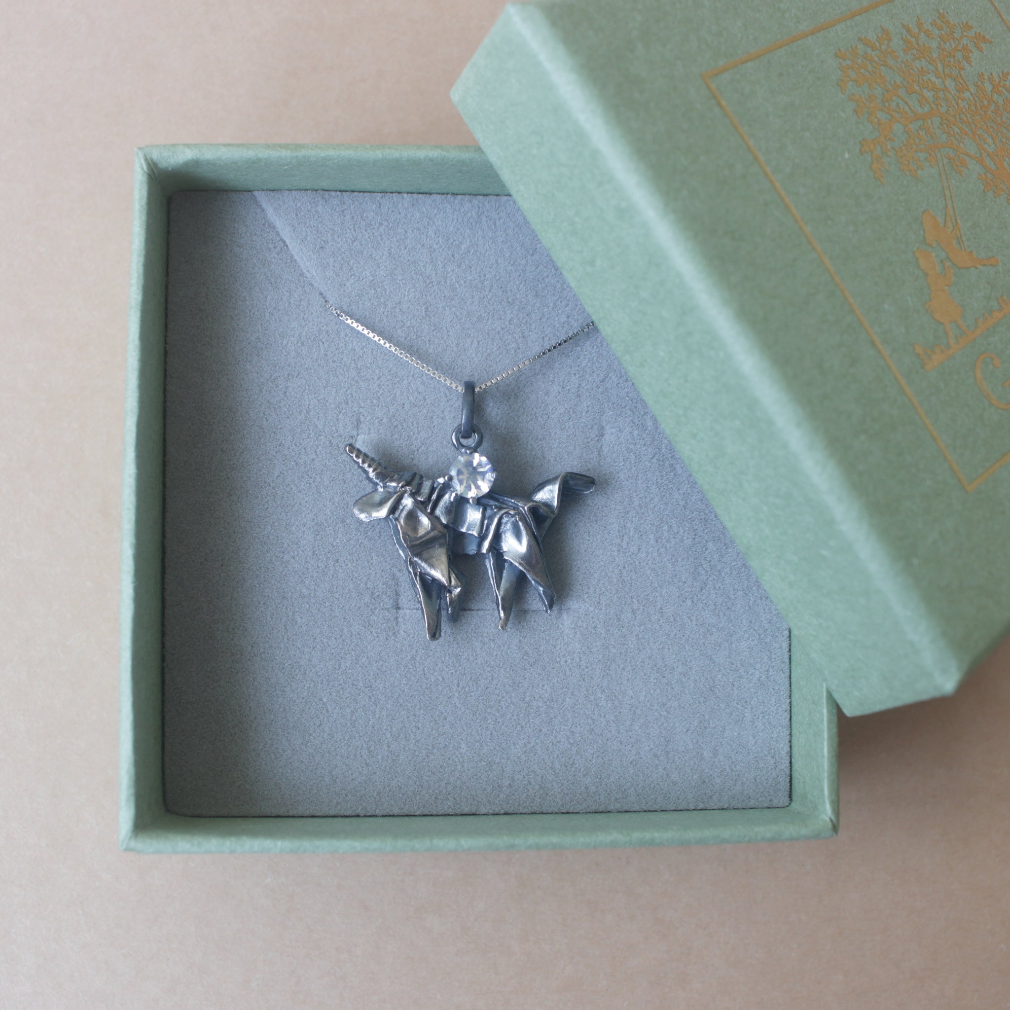 Black Silver Origami Unicorn Merry-go-round Necklace with Moonstone