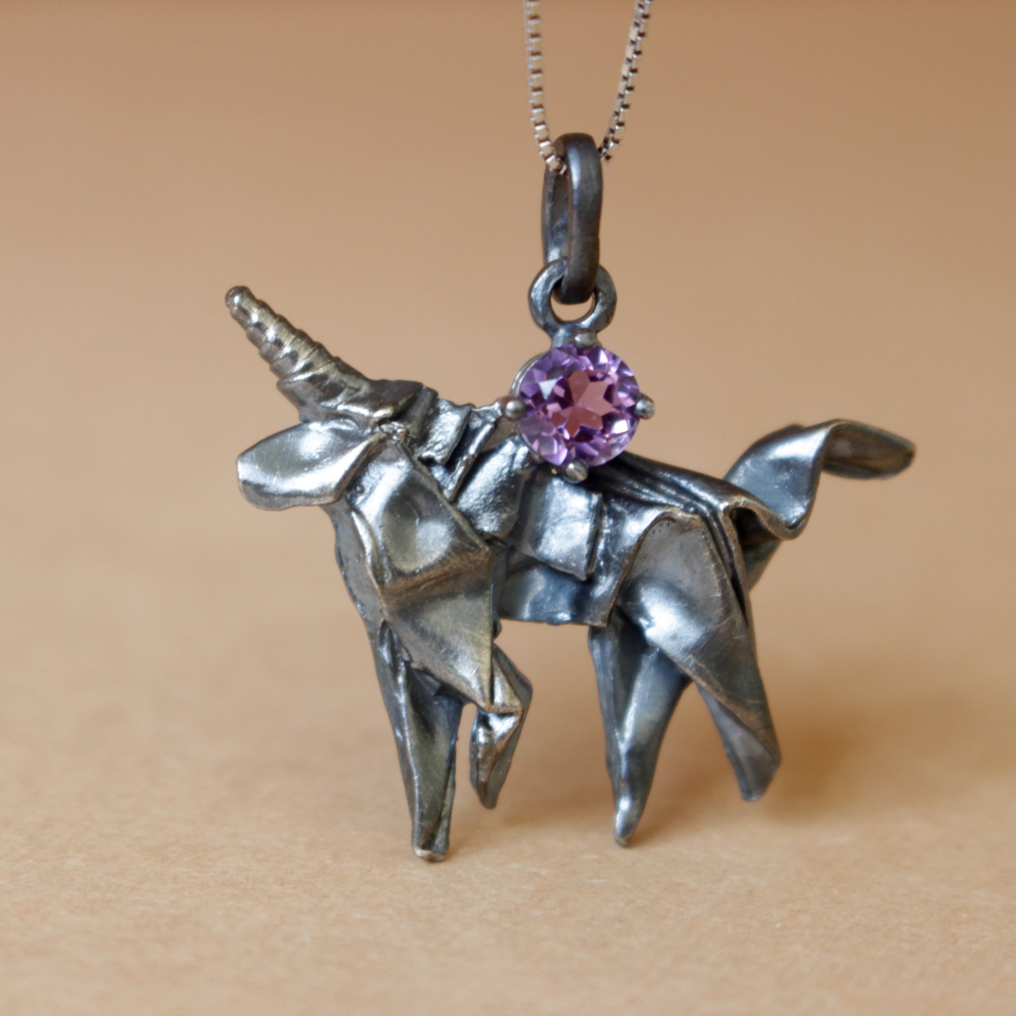 Black Silver Origami Unicorn Merry-go-round Necklace with Amethyst