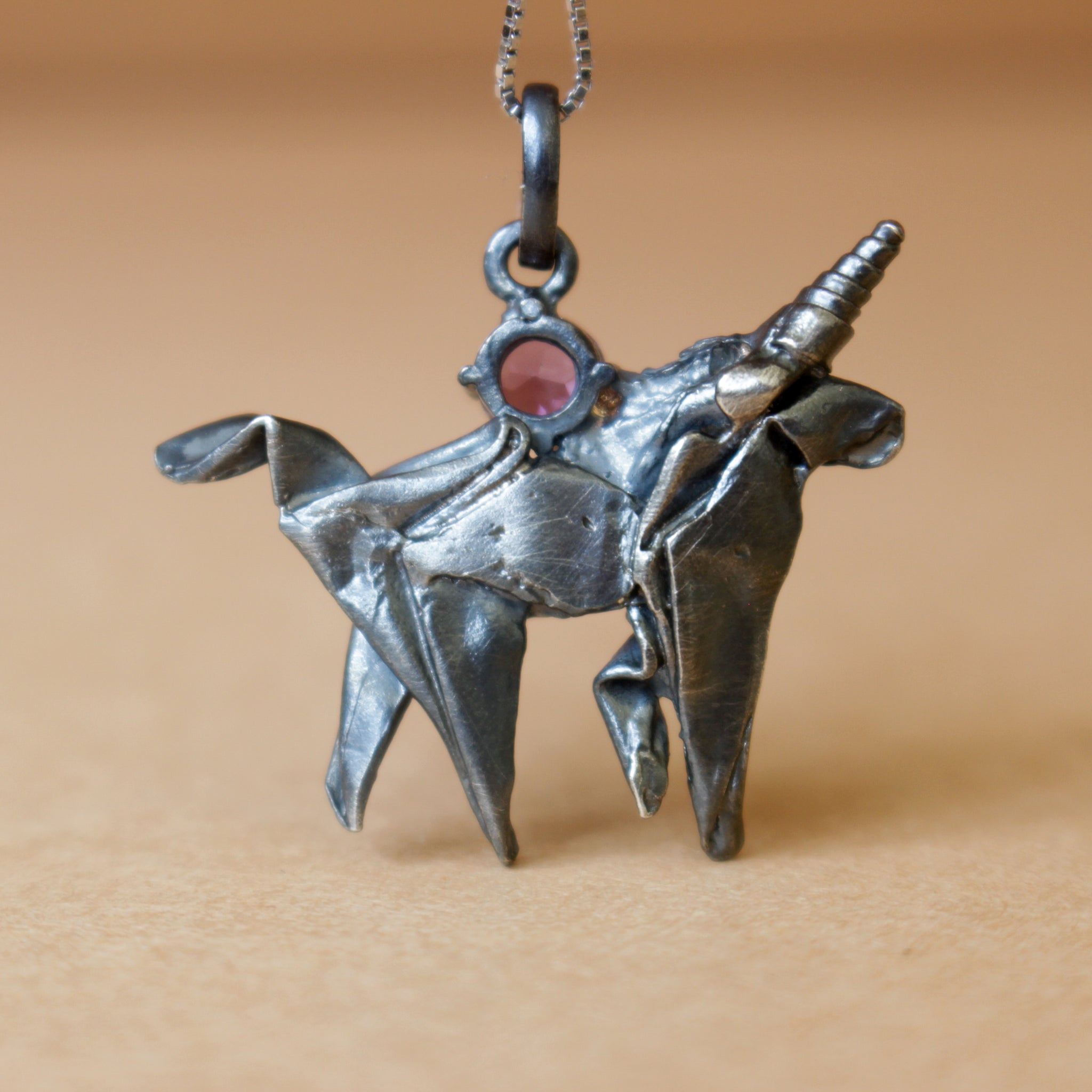 Black Silver Origami Unicorn Merry-go-round Necklace with Amethyst