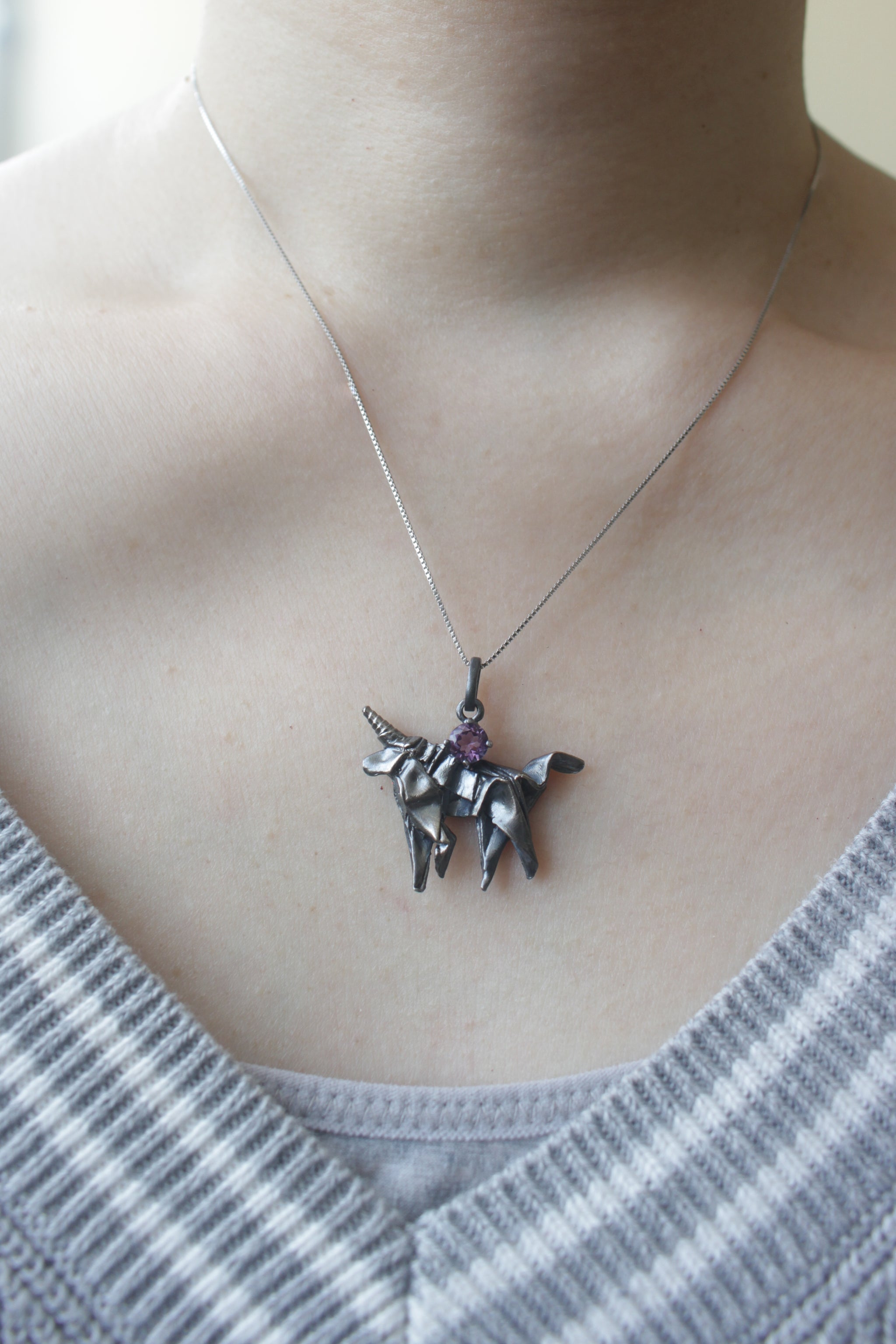 Black Silver Origami Unicorn Merry-go-round Necklace with Amethyst