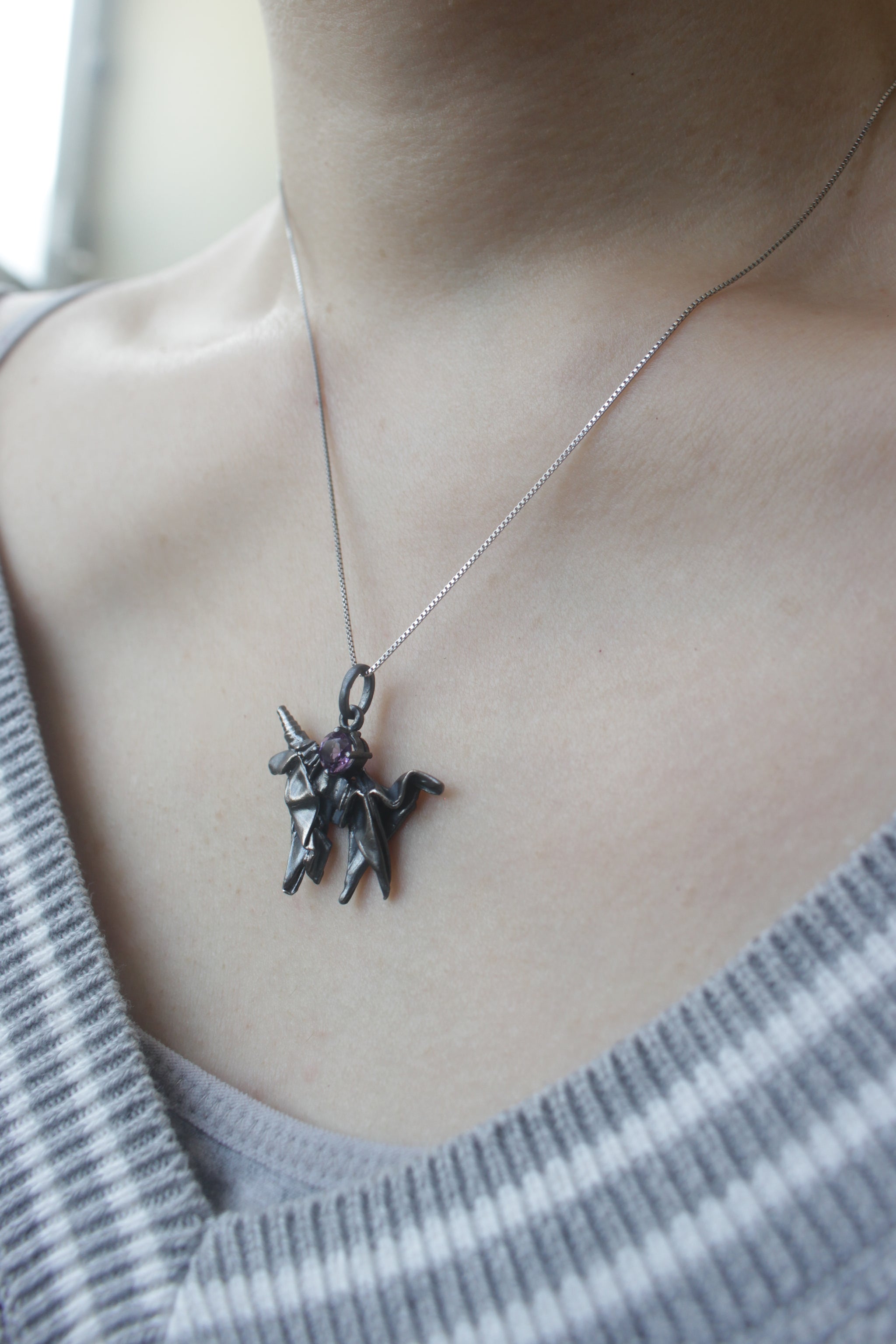 Black Silver Origami Unicorn Merry-go-round Necklace with Amethyst