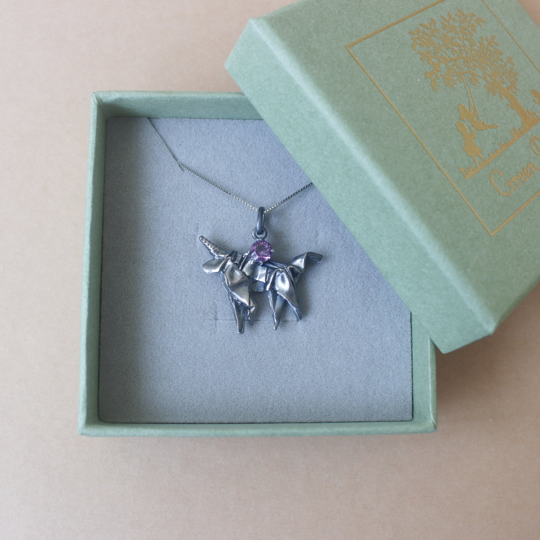 Black Silver Origami Unicorn Merry-go-round Necklace with Amethyst