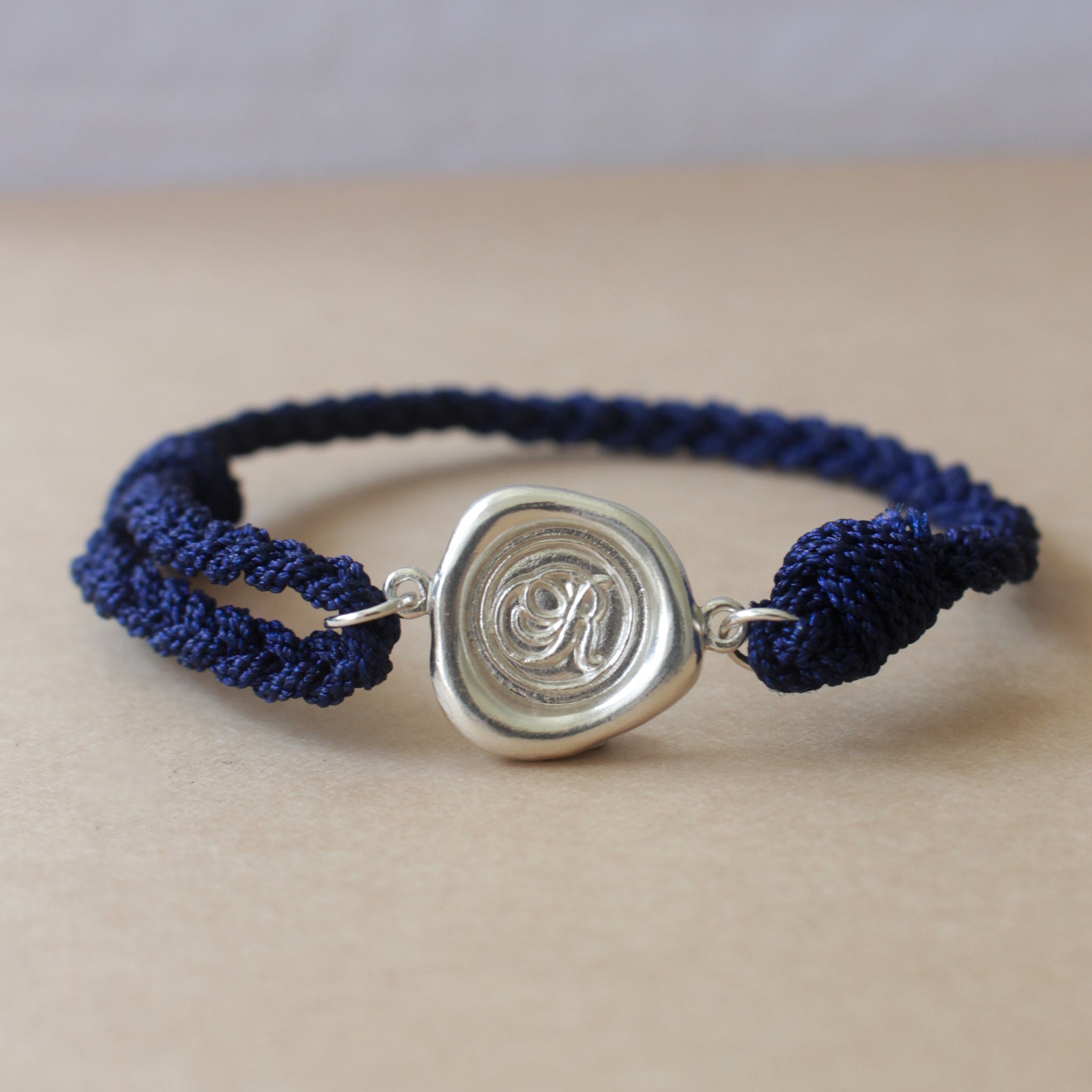 Braided Bracelet Navy Blue with 925 Silver Monogram Wax Seal | Adjustable Bracelet | Alphabet Charm | Personalised | Engraving