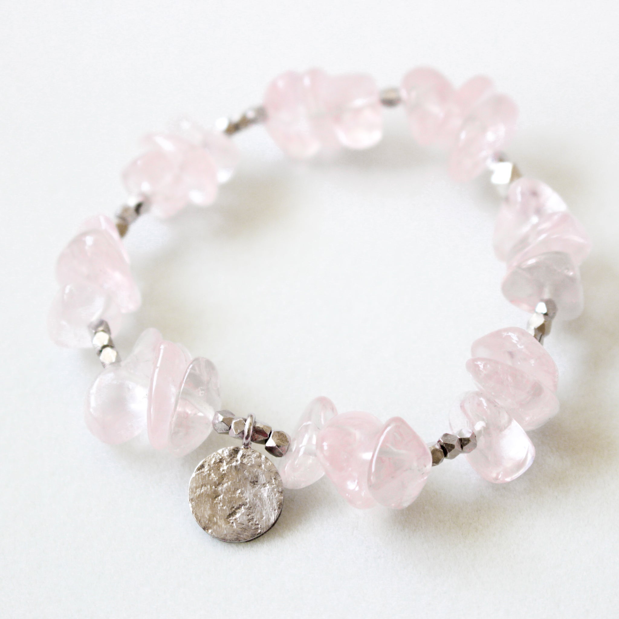 Make A Wish Bracelet - Rose Quartz with Engraved Silver Charm Elastic Bracelet