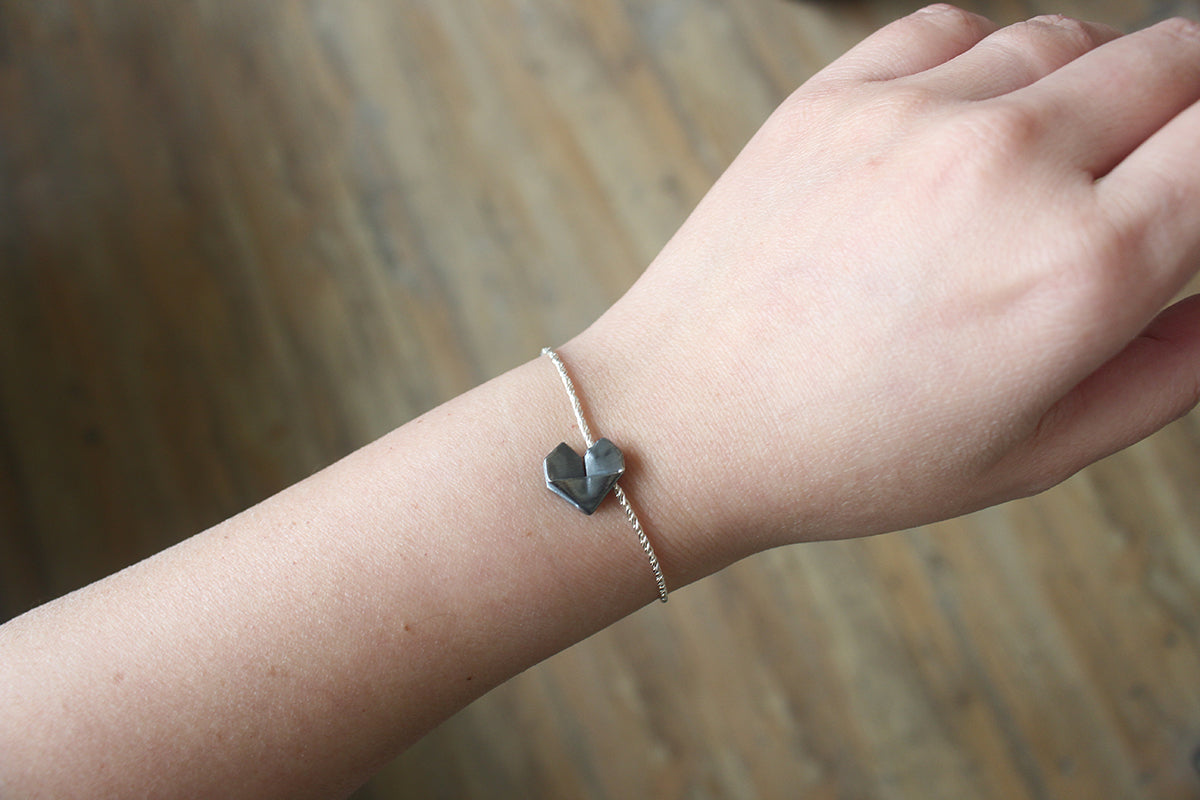 925 Black Silver Origami Heart Hand Strap (Personalised)