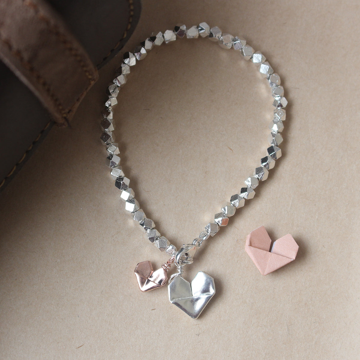 925 Silver Origami Big and Small Hearts Bracelet