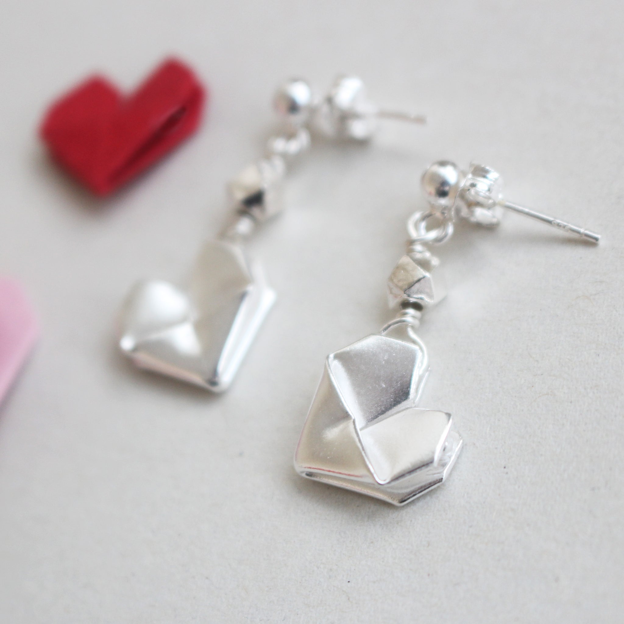 925 Silver Origami Heart Dangling Earrings