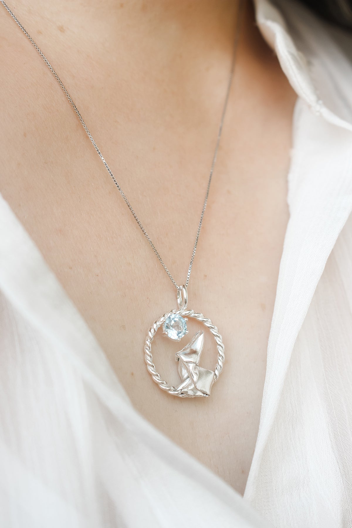 Origami Moon Rabbit with Sky Blue Topaz Necklace