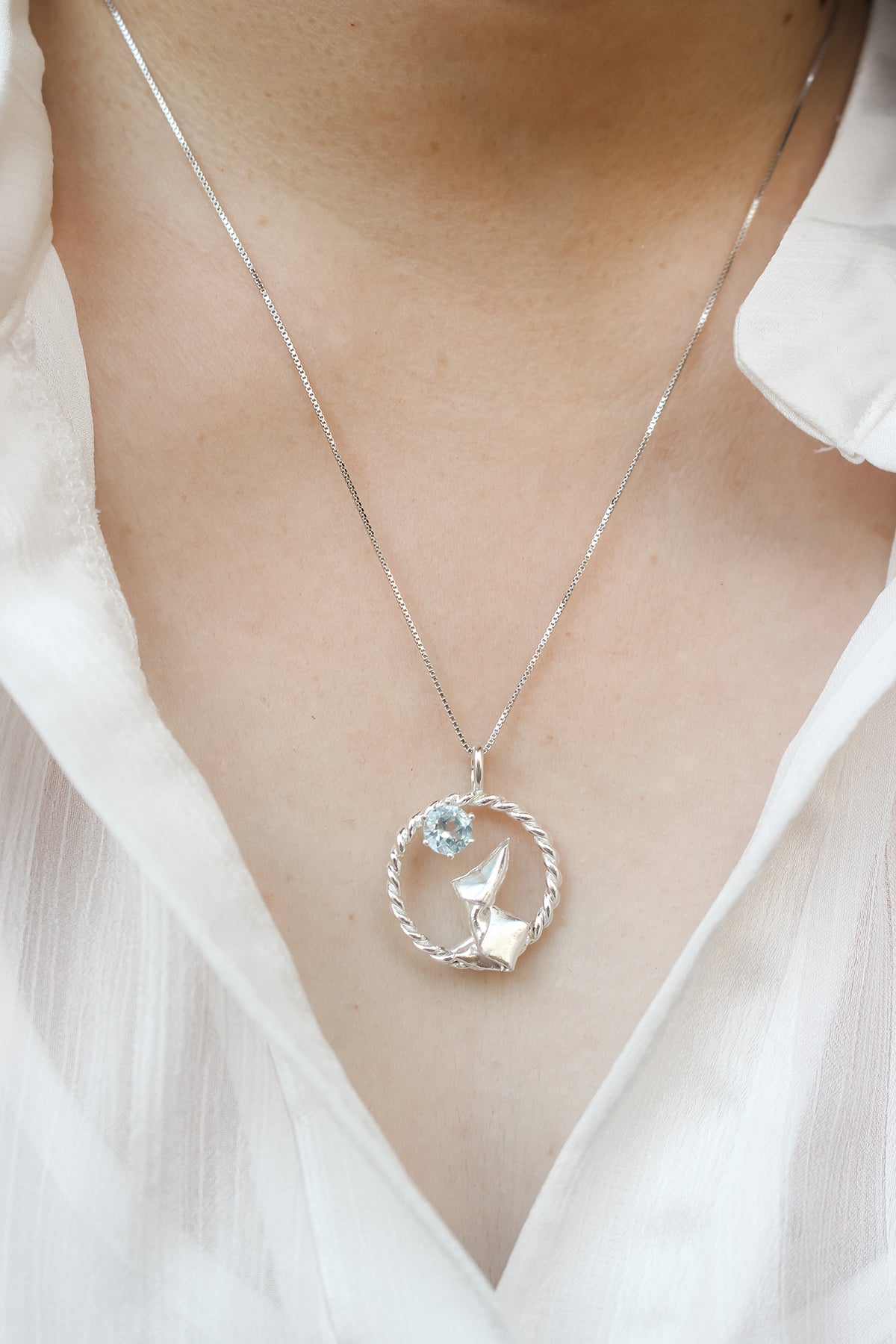 Origami Moon Rabbit with Sky Blue Topaz Necklace