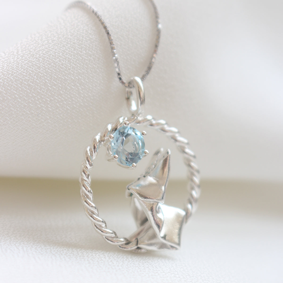Origami Moon Rabbit with Sky Blue Topaz Necklace