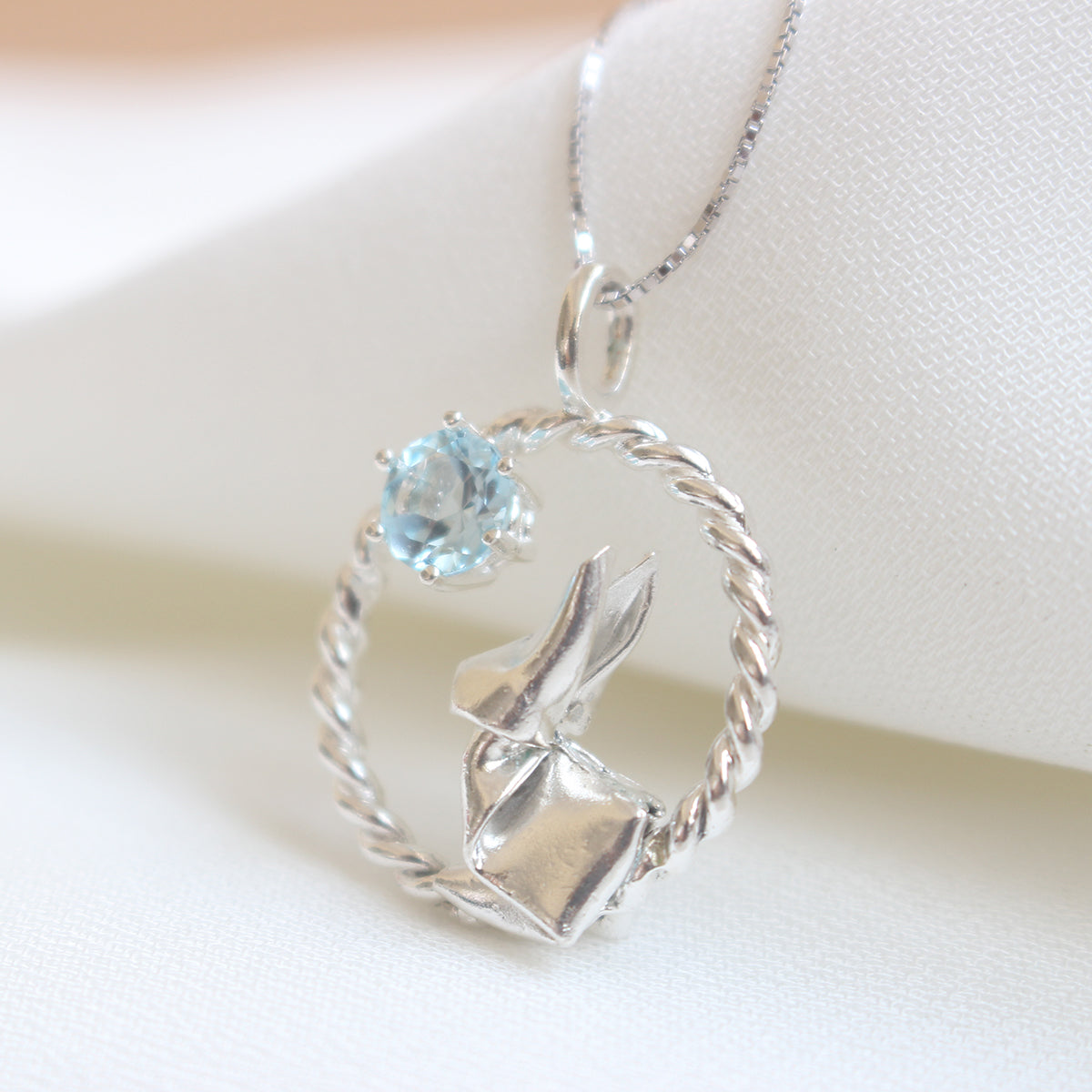 Origami Moon Rabbit with Sky Blue Topaz Necklace