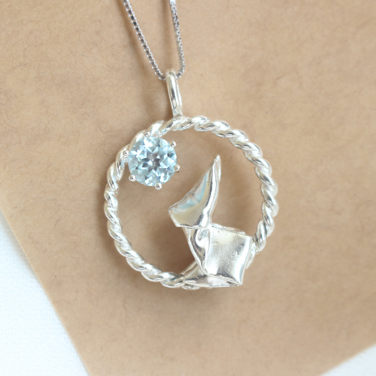 Origami Moon Rabbit with Sky Blue Topaz Necklace