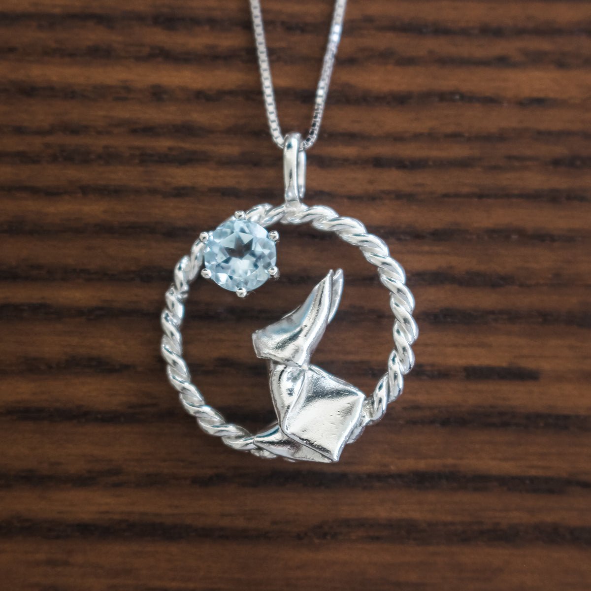 Origami Moon Rabbit with Sky Blue Topaz Necklace