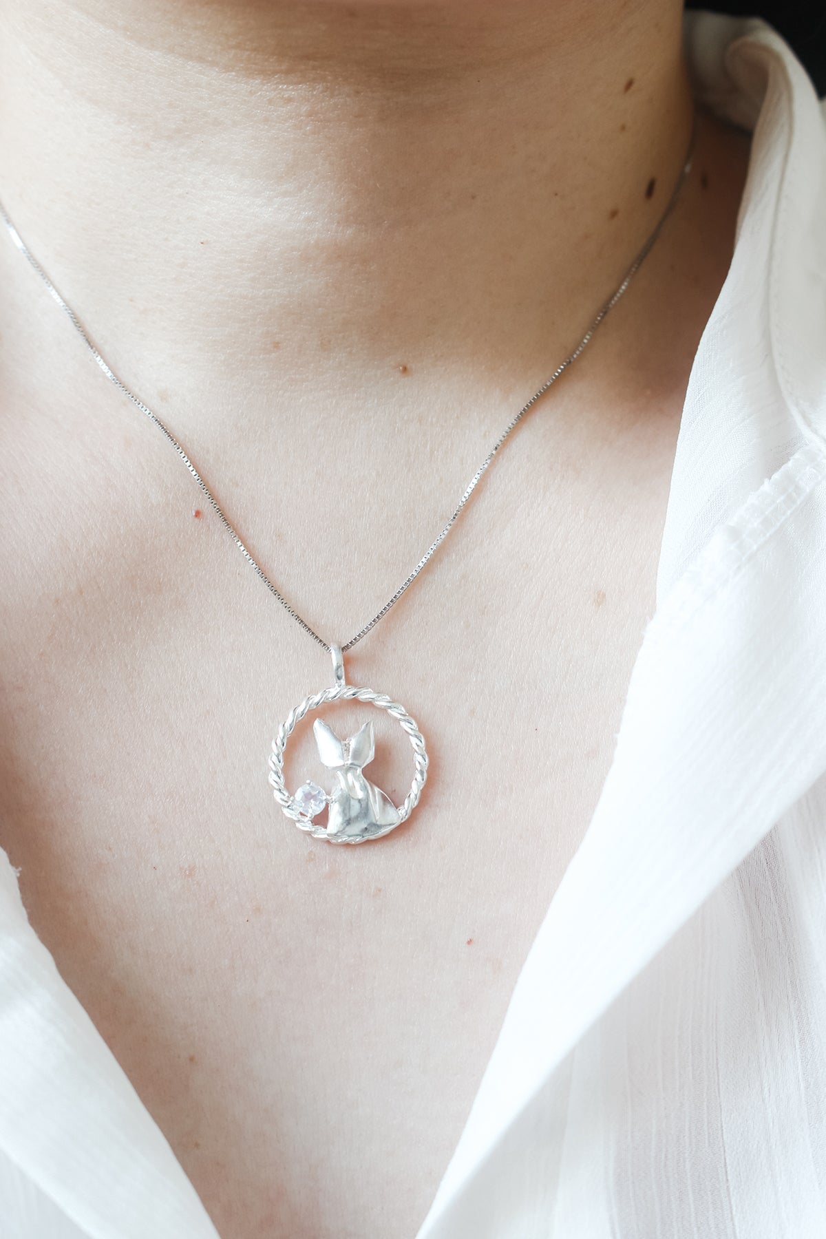925 Silver Origami Cat and Moonstone Necklace