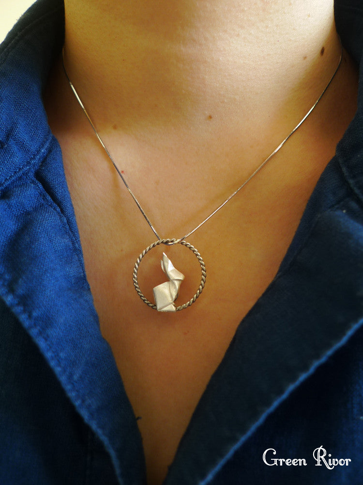 Origami Rabbit & Moon Necklace / Silver Rabbit & Moon Necklace / Paper-folded Rabbit Necklace / Animal Necklace
