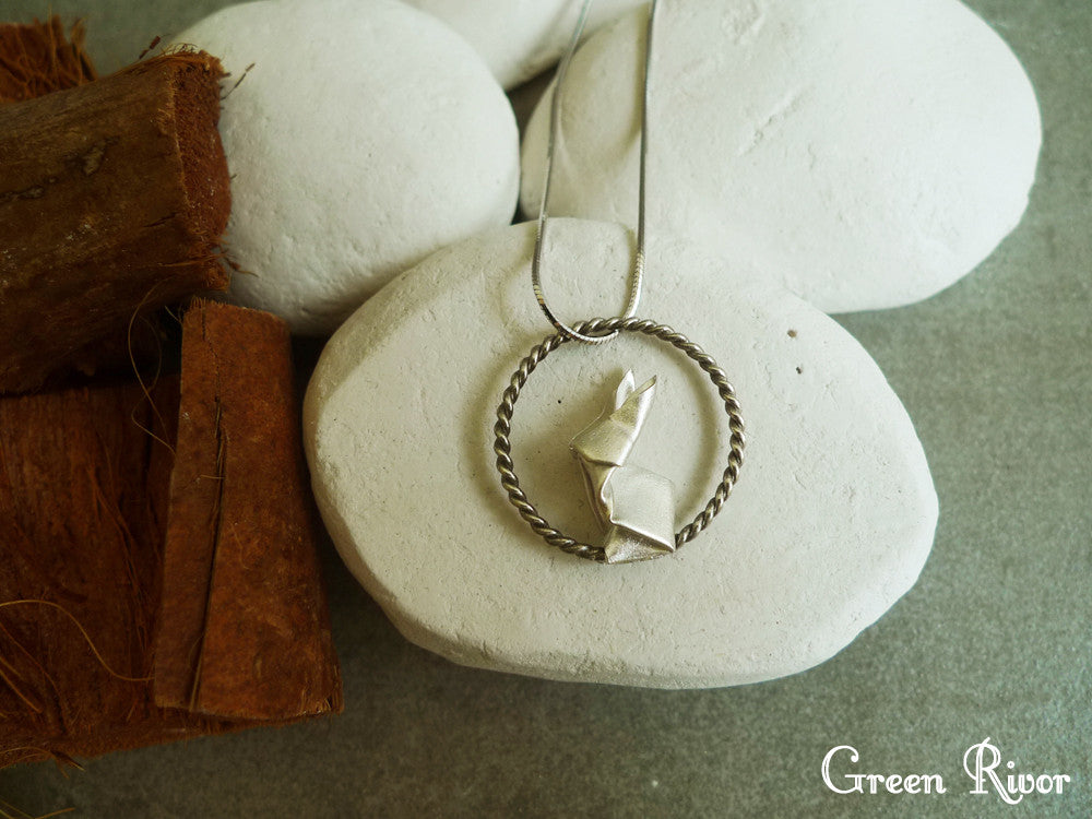 Origami Rabbit & Moon Necklace / Silver Rabbit & Moon Necklace / Paper-folded Rabbit Necklace / Animal Necklace