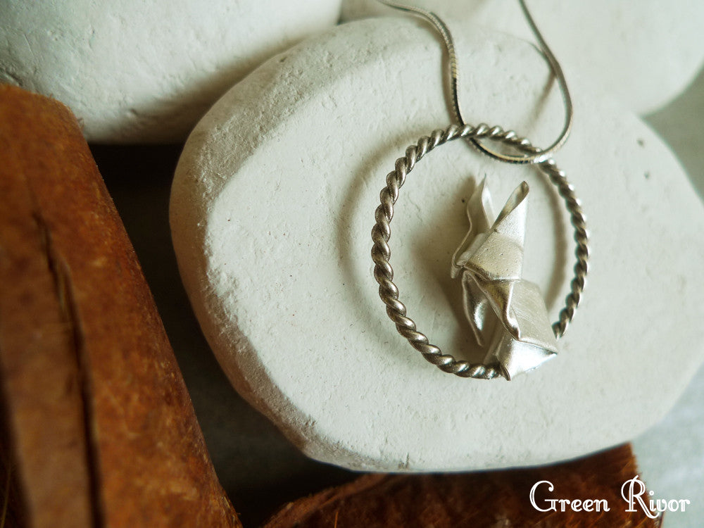 Origami Rabbit & Moon Necklace / Silver Rabbit & Moon Necklace / Paper-folded Rabbit Necklace / Animal Necklace