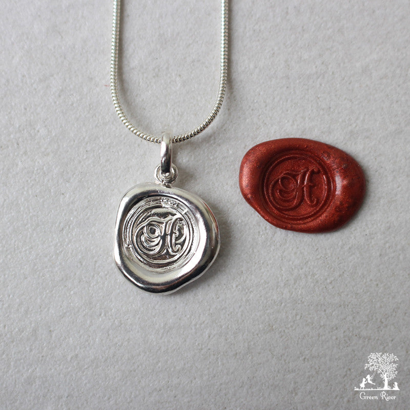 Sterling Silver Wax Seal Necklace - Initial Monogram H
