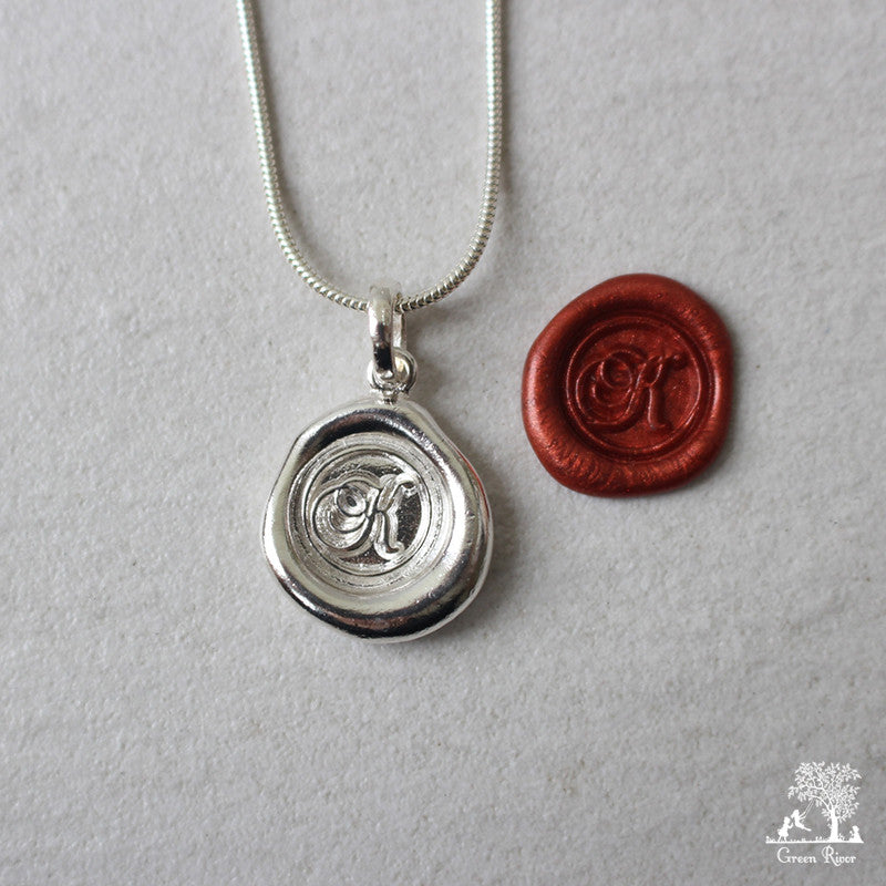 Sterling Silver Wax Seal Necklace - Initial Monogram K
