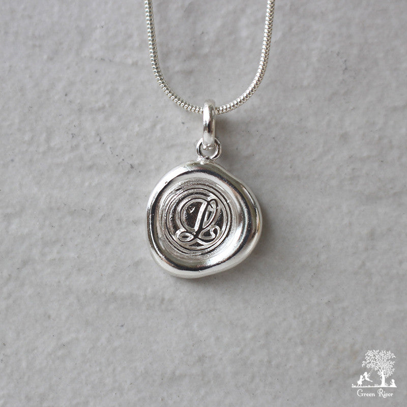 Sterling Silver Wax Seal Necklace - Initial Monogram L
