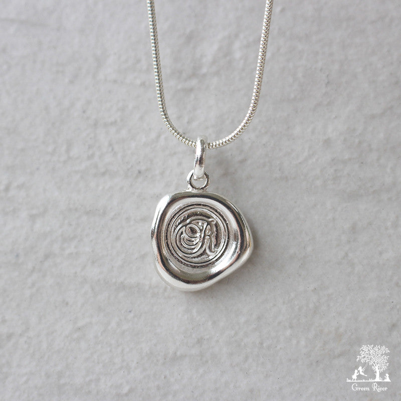 Sterling Silver Wax Seal Necklace - Initial Monogram R