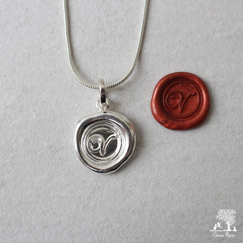 Sterling Silver Wax Seal Necklace - Initial Monogram V