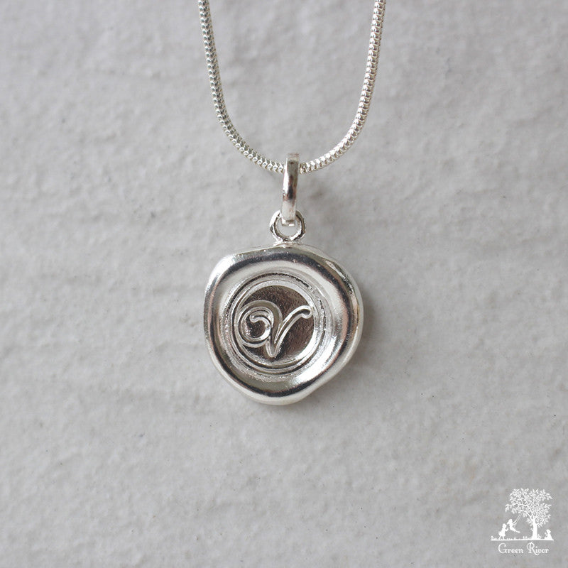 Sterling Silver Wax Seal Necklace - Initial Monogram V