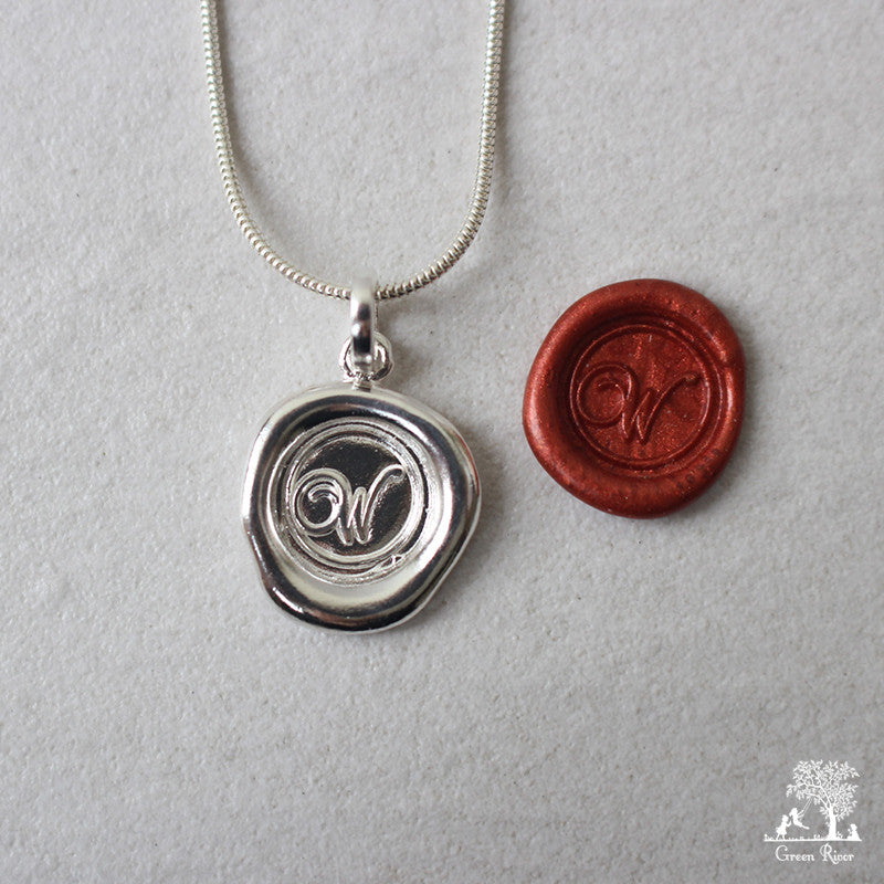 Sterling Silver Wax Seal Necklace - Initial Monogram W
