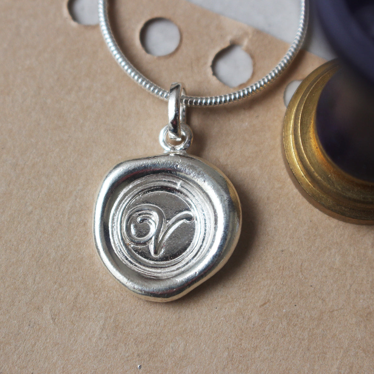 Sterling Silver Wax Seal Necklace - Initial Monogram V