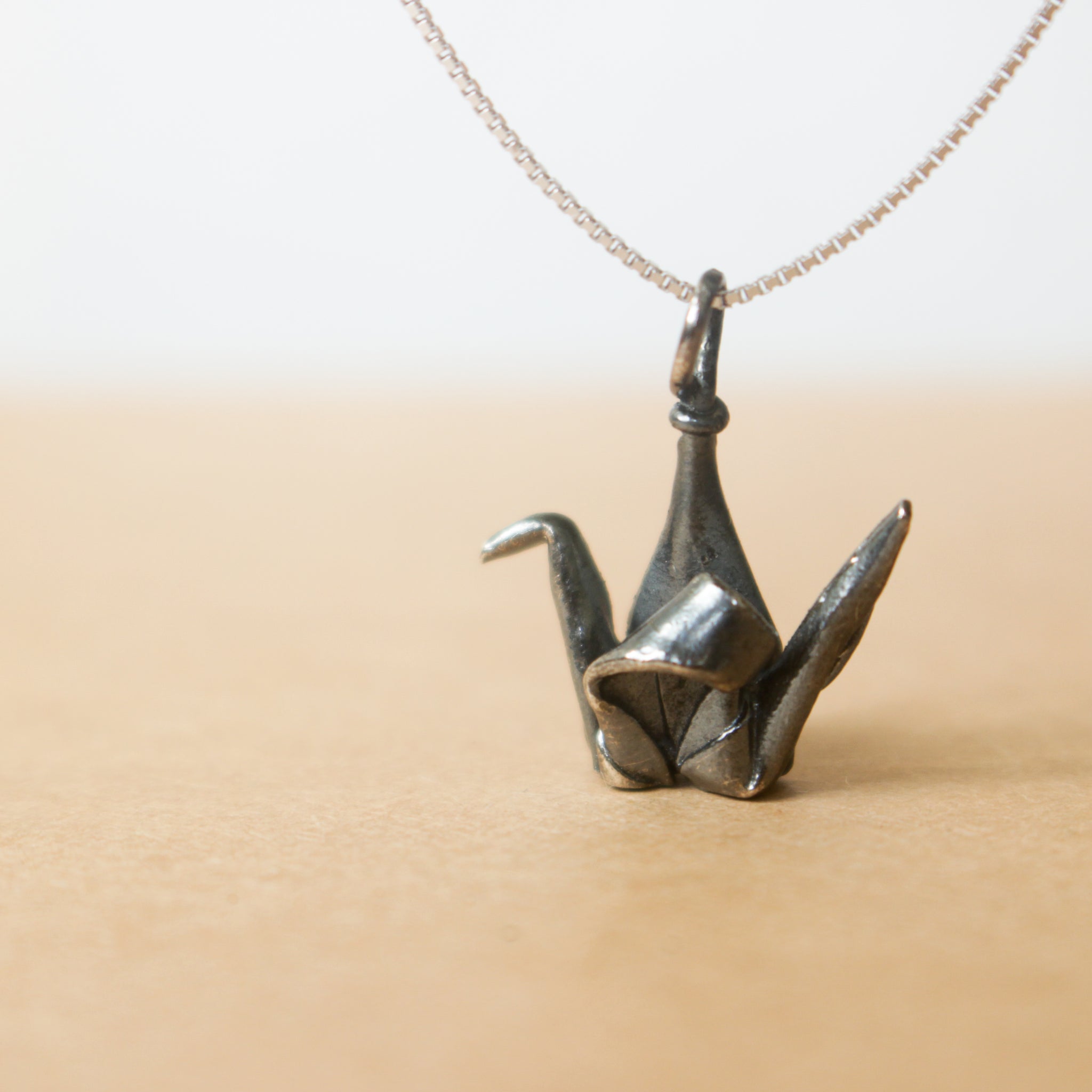 925 Black Silver Origami Crane Necklace