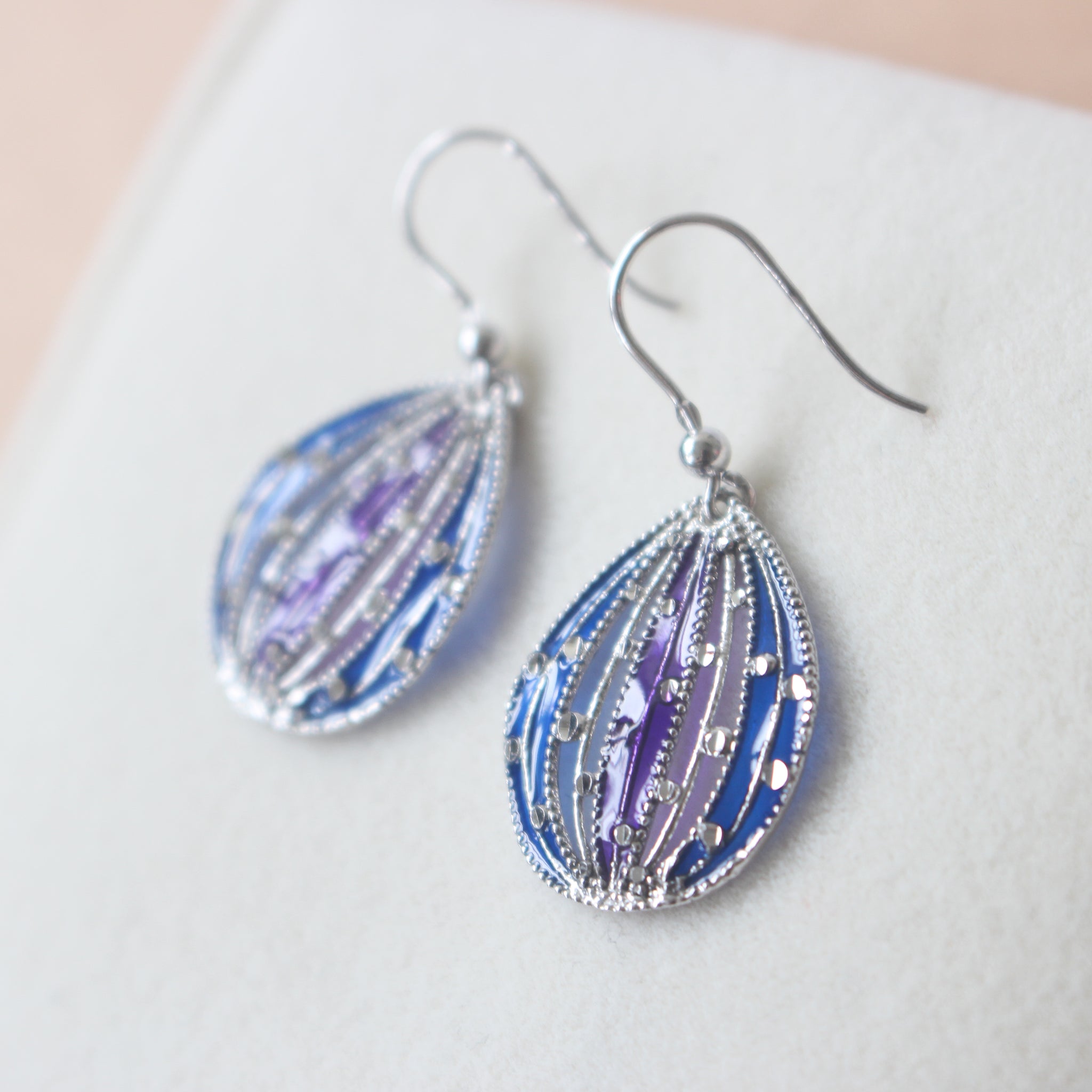 Blue Balloon - 925 Italian Silver Blue and Purple Glassy Enamel Dangling Earrings