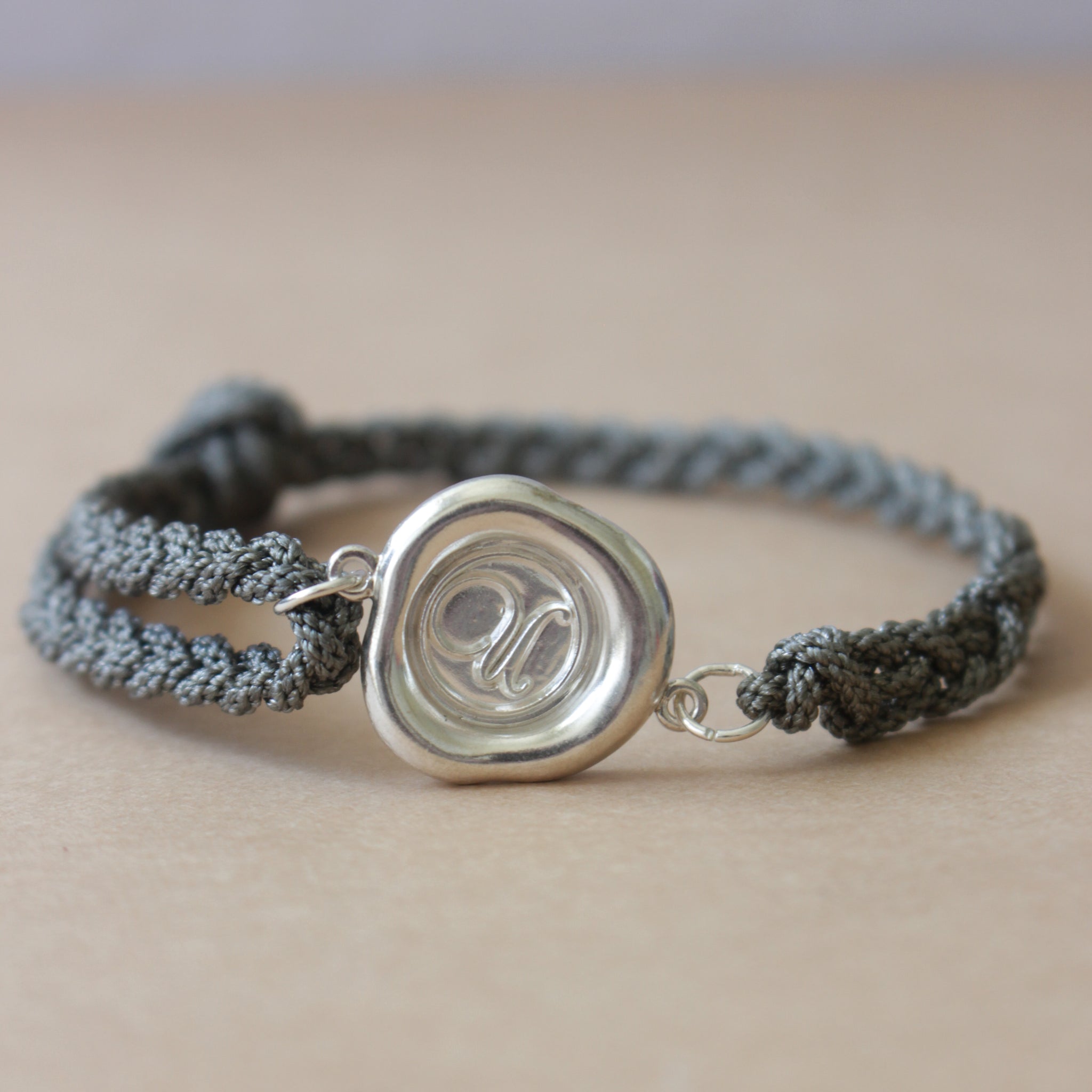 Braided Bracelet Grey with 925 Silver Monogram Wax Seal | Adjustable Bracelet | Alphabet Charm | Personalised | Engraving