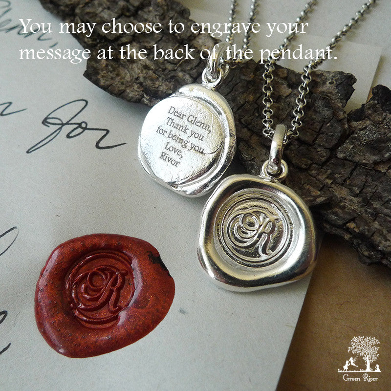 Sterling Silver Wax Seal Necklace - Initial Monogram T