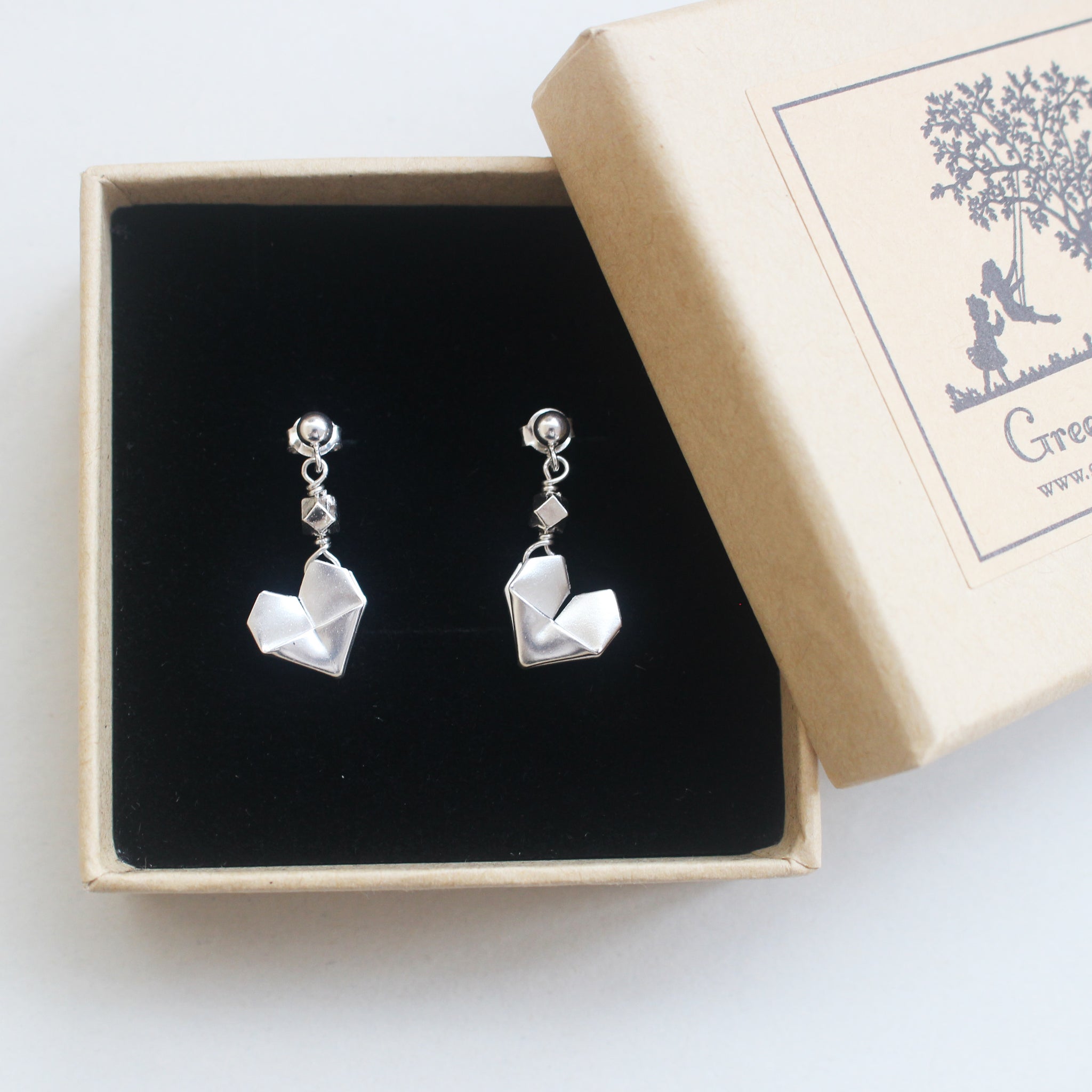 925 Silver Origami Heart Dangling Earrings