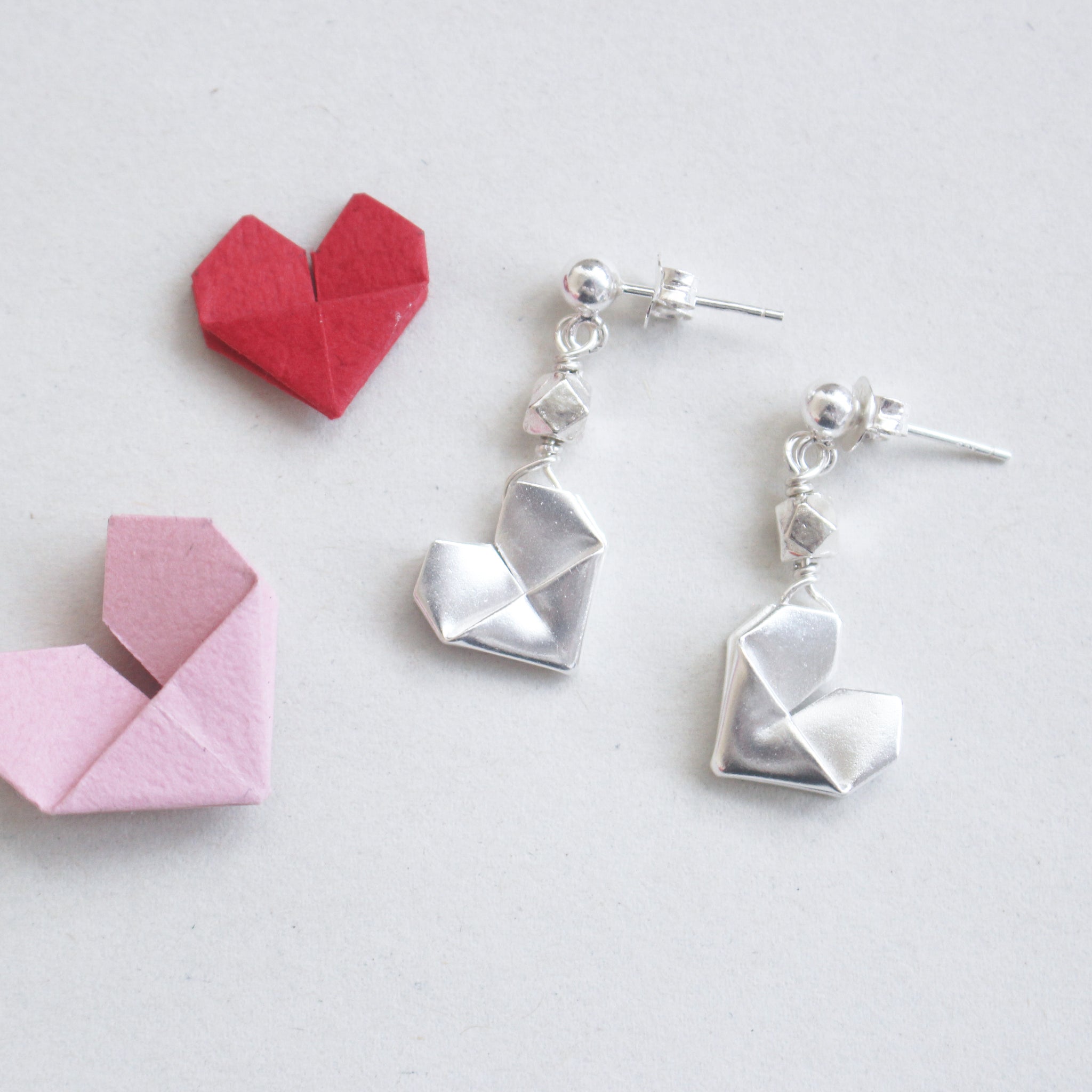 925 Silver Origami Heart Dangling Earrings