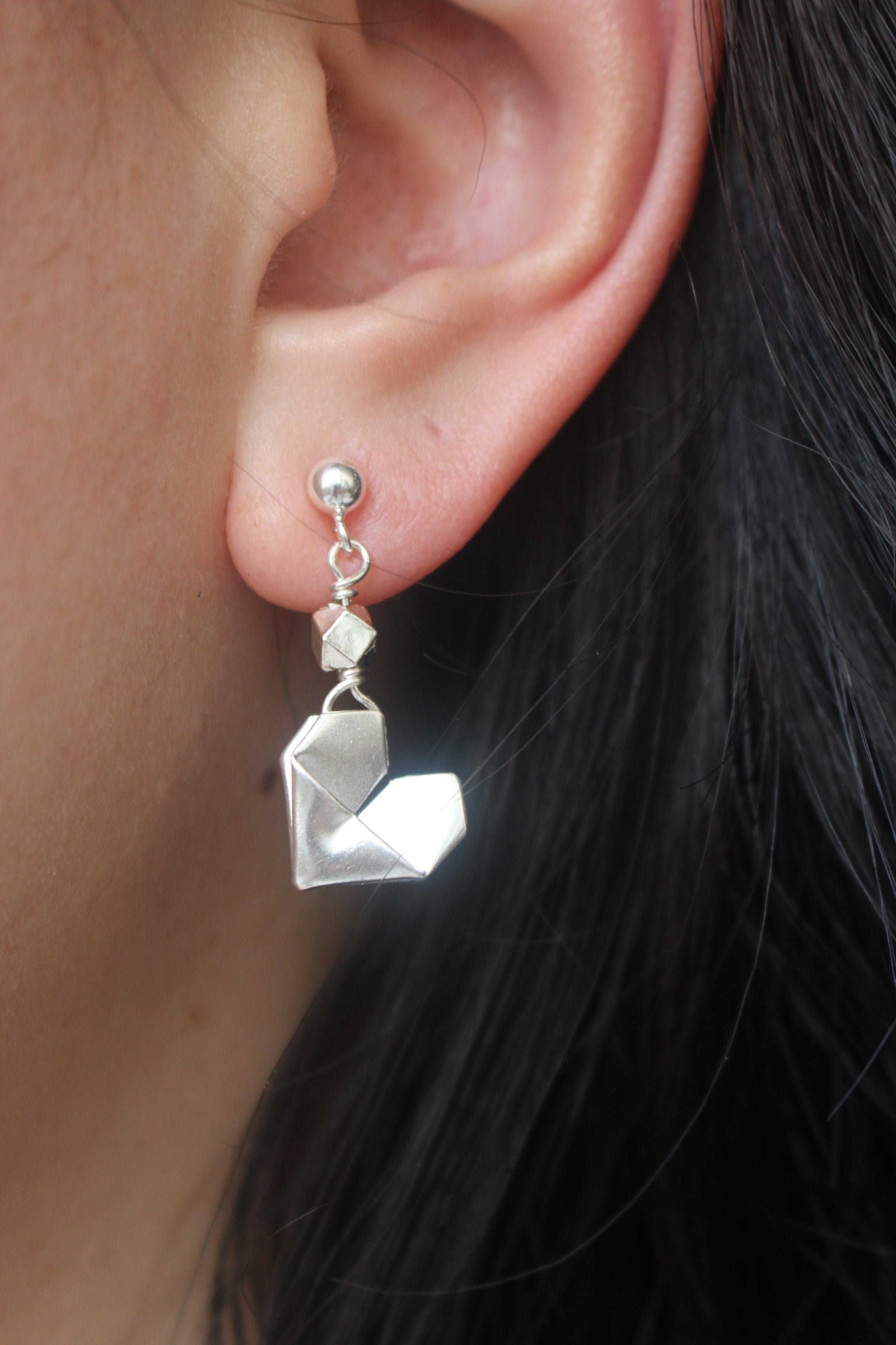 925 Silver Origami Heart Dangling Earrings